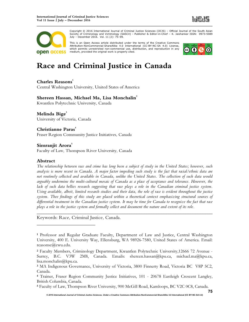 Race and Criminal Justice in Canada