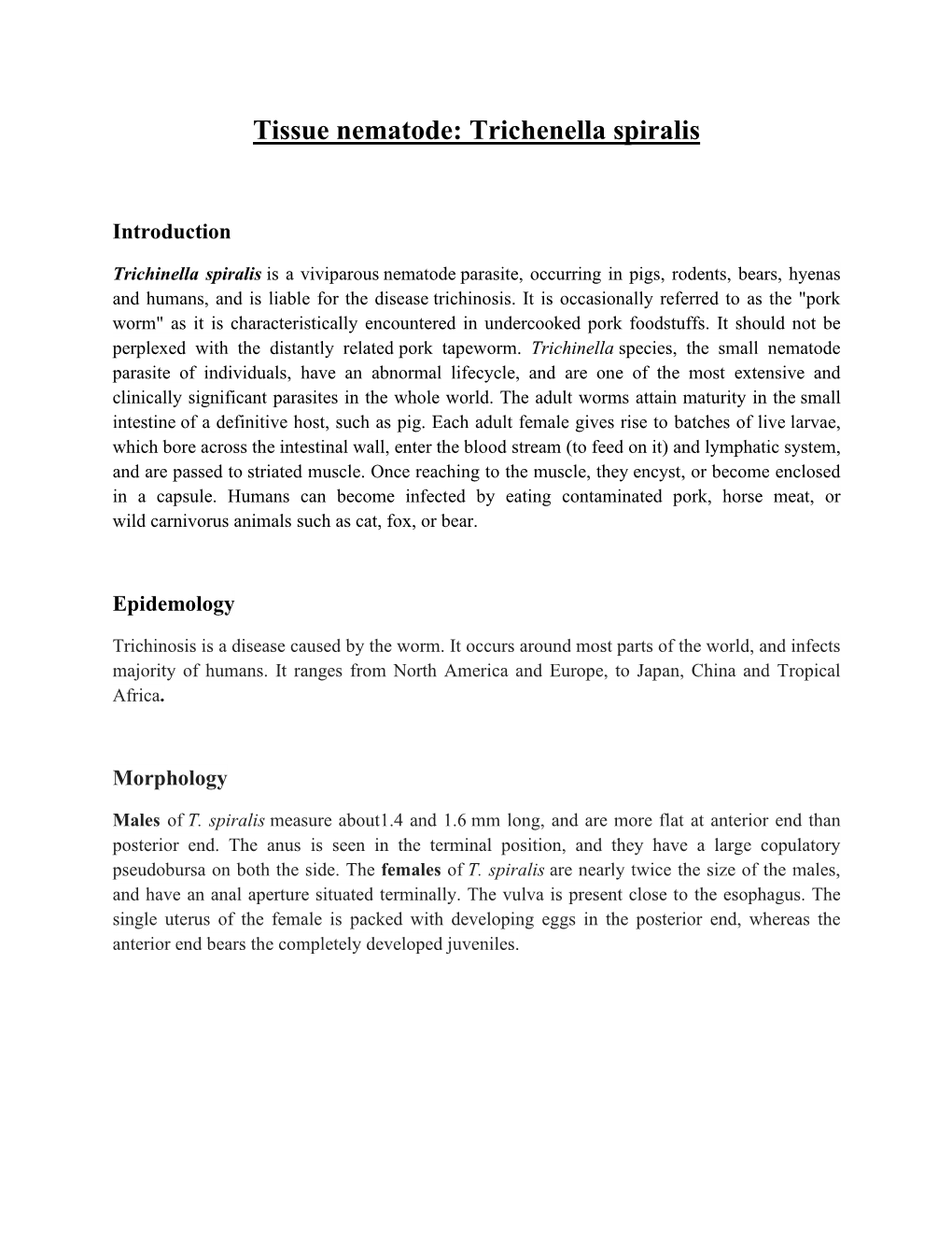 Tissue Nematode: Trichenella Spiralis