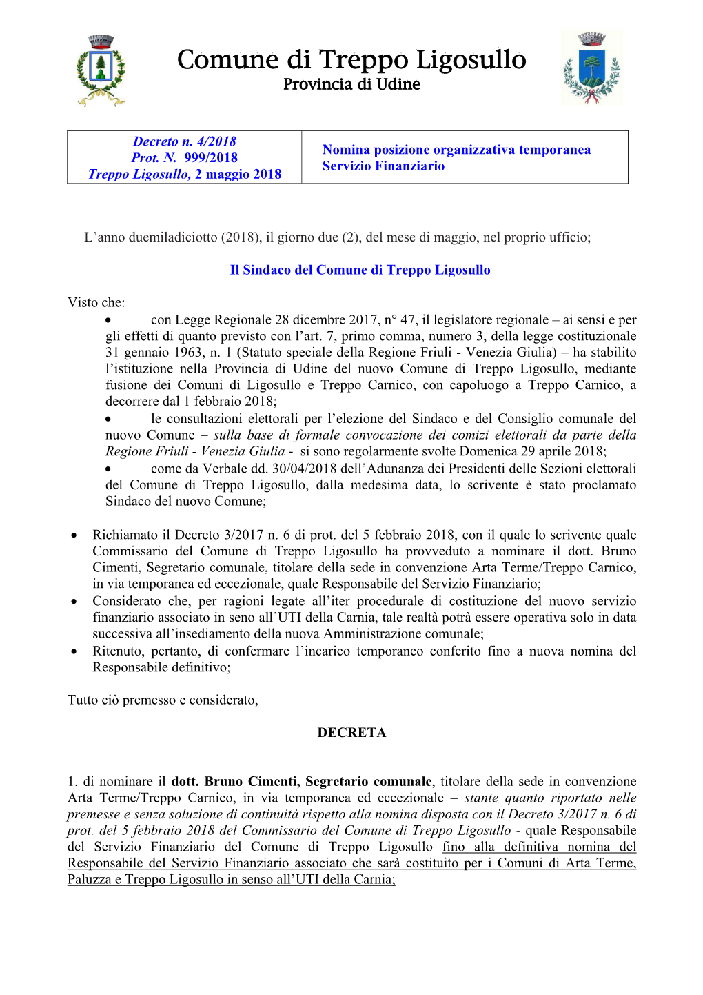 04 Nomina Temporanea Segretario PO Finanziario 2 Mag 2018.Pdf