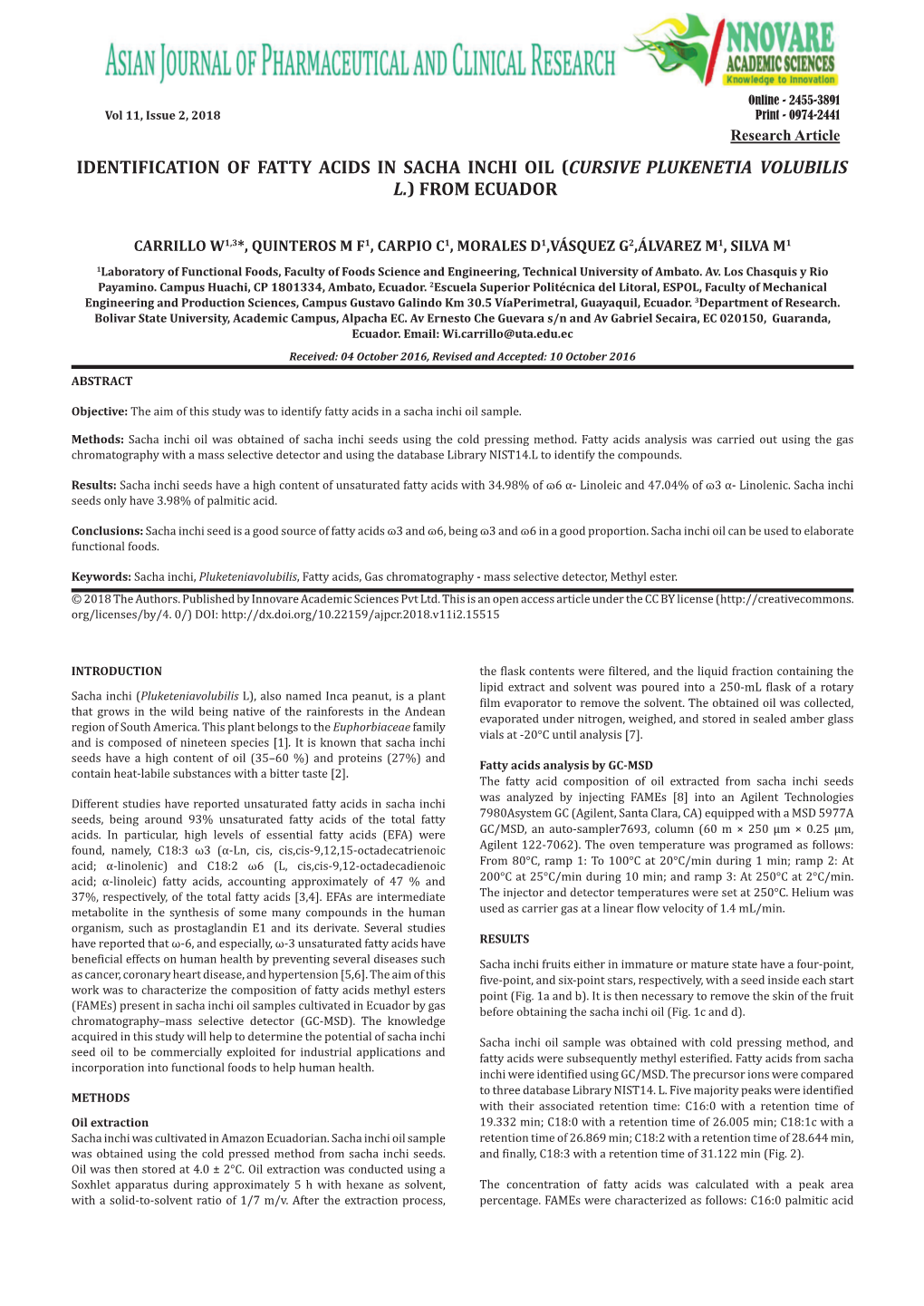 Identification of Fatty Acids in Sacha Inchi Oil (Cursive Plukenetia Volubilis L.) from Ecuador