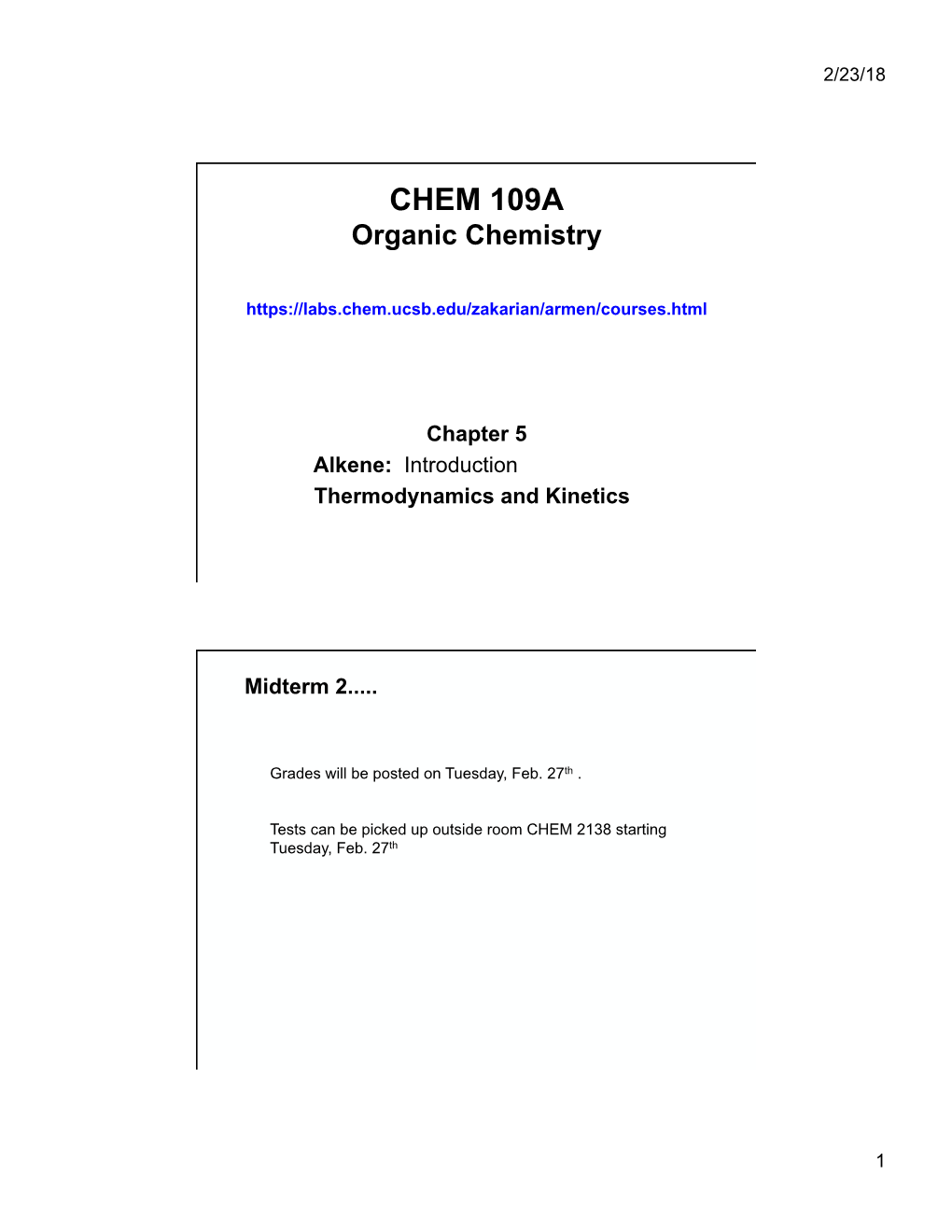CHEM 109A Organic Chemistry