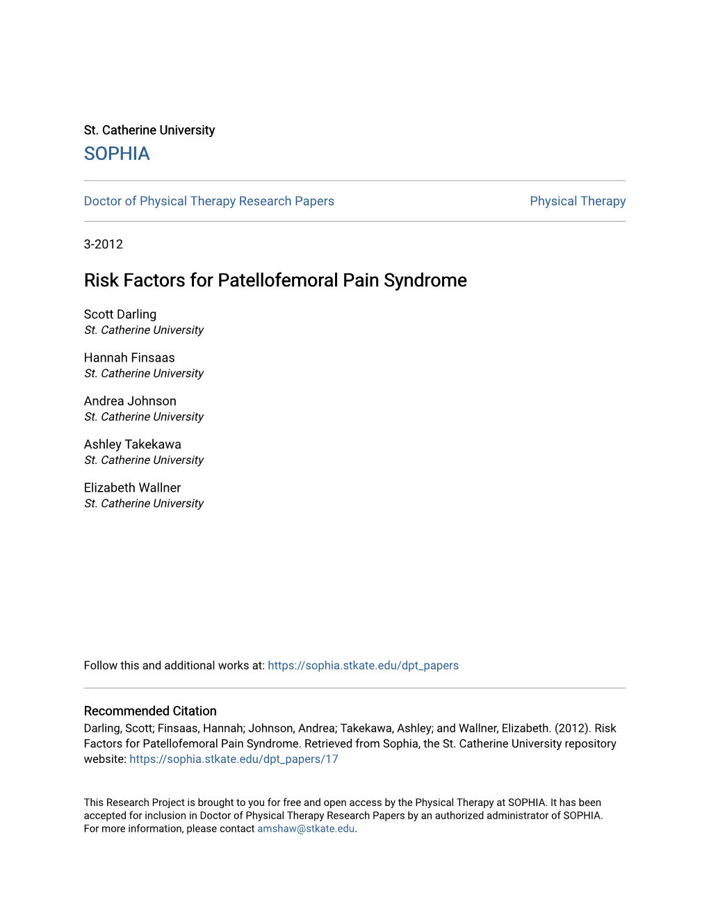 Risk Factors for Patellofemoral Pain Syndrome