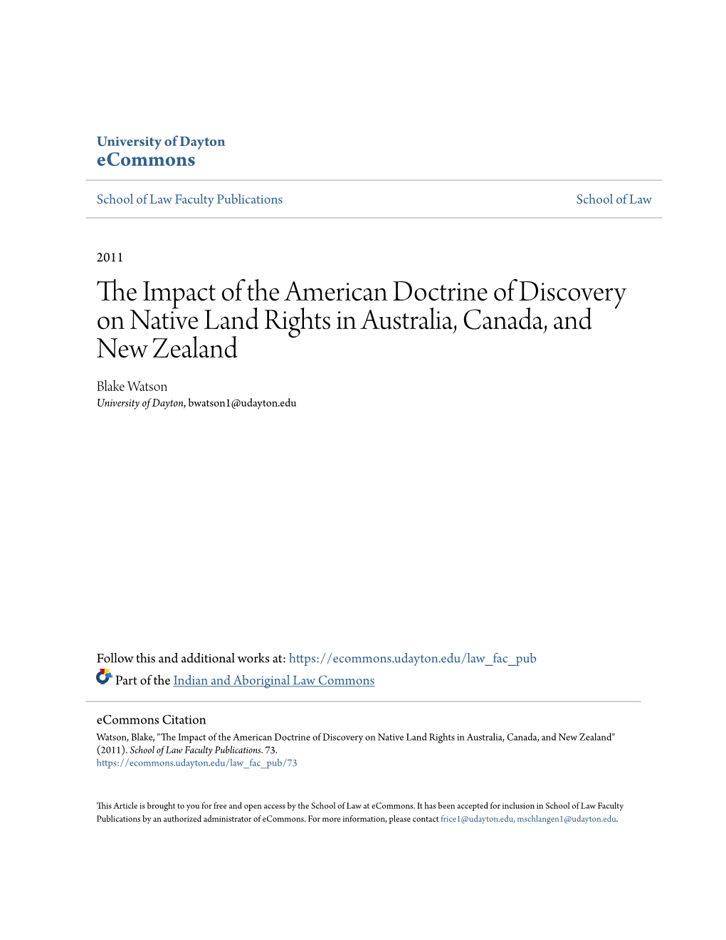 The Impact of the American Doctrine of Discovery on Native Land Rights in Australia, Canada, and New Zealand