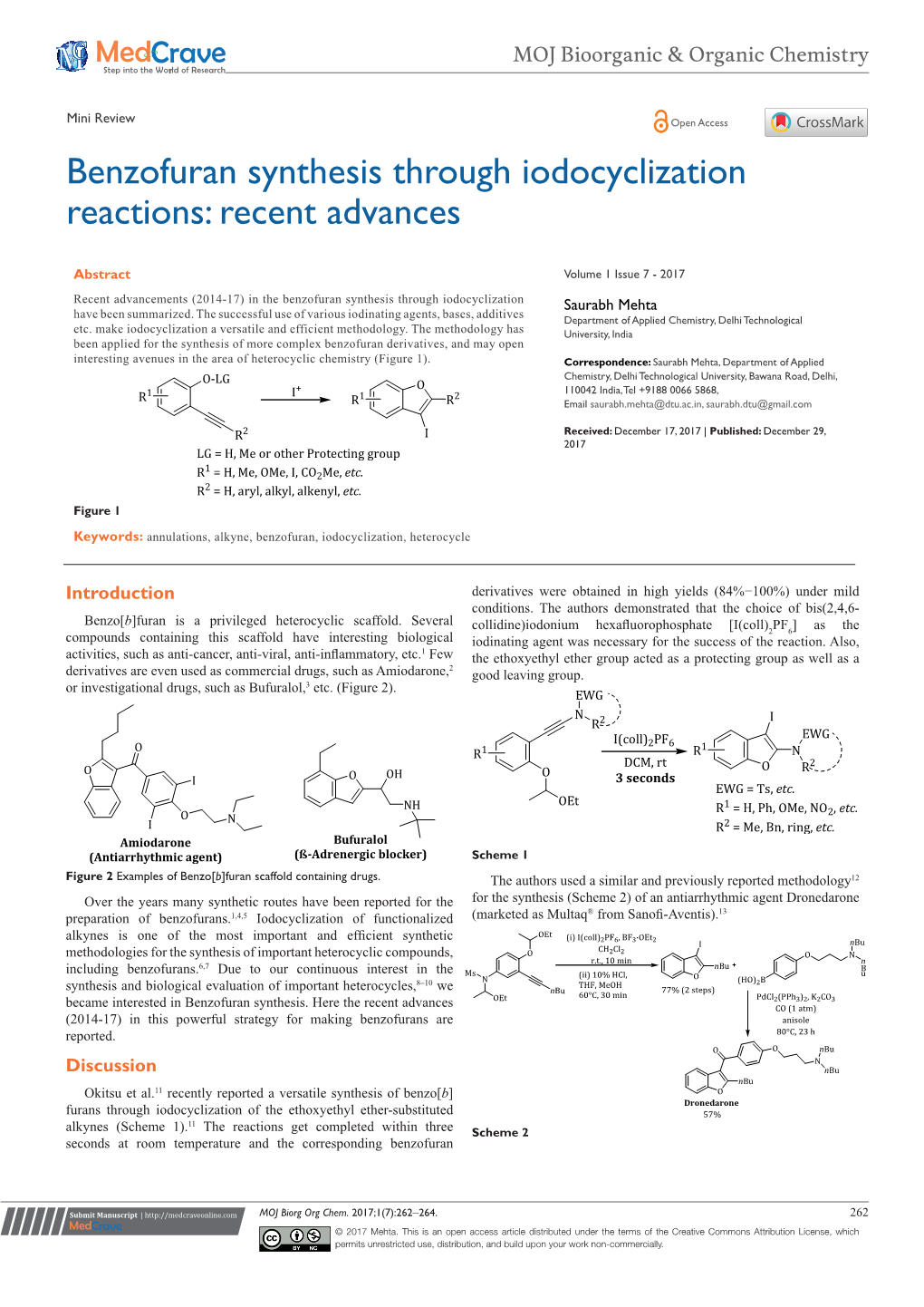 Benzofuran Synthesis Through Iodocyclization Reactions: Recent Advances