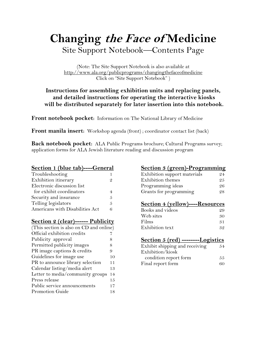 Changing the Face of Medicine Site Support Notebook—Contents Page