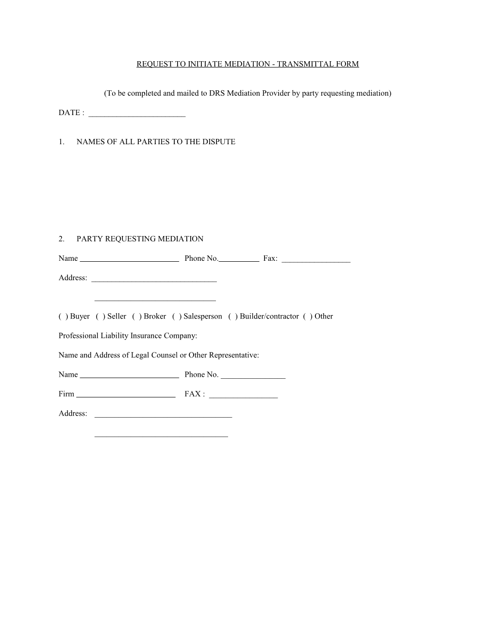 Request to Initiate Mediation - Transmittal Form