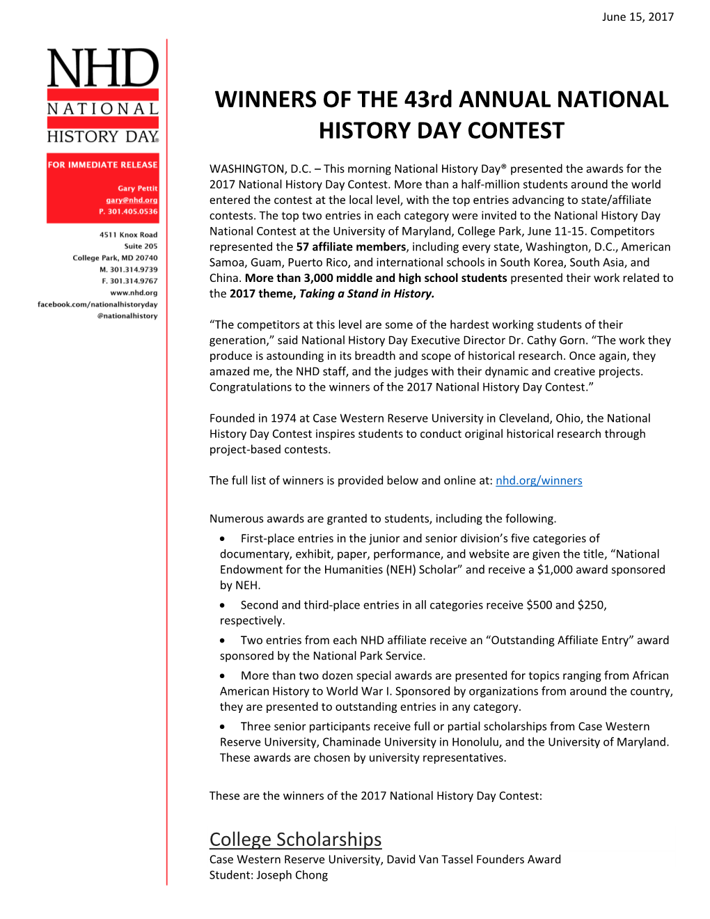 WINNERS of the 43Rd ANNUAL NATIONAL HISTORY DAY CONTEST