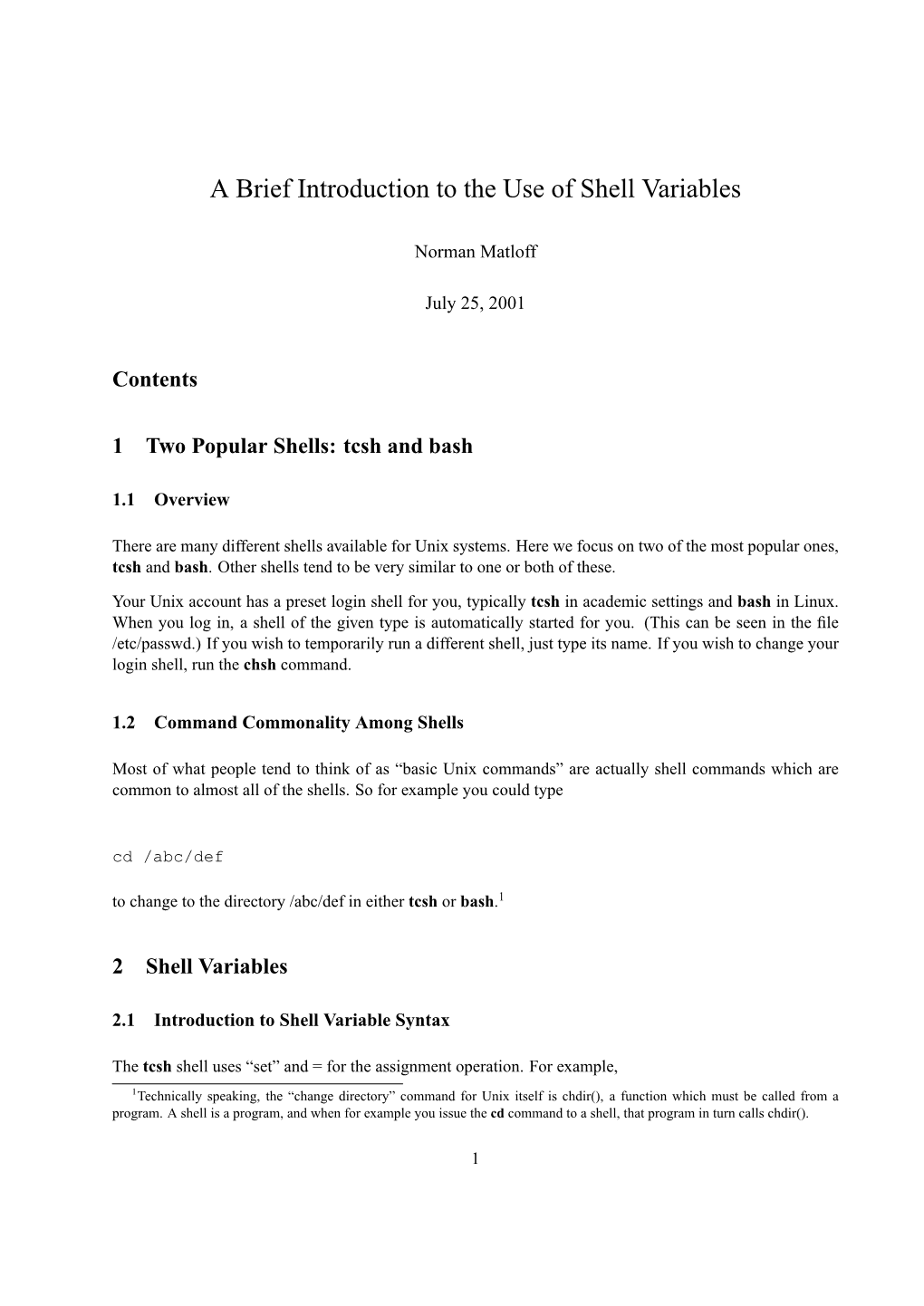 A Brief Introduction to the Use of Shell Variables