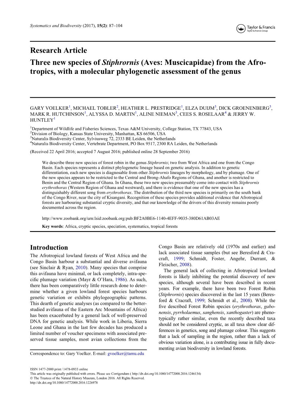 Three New Species of Stiphrornis \(Aves: Muscicapidae\) from the Afro