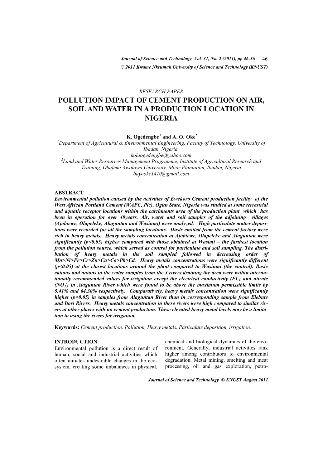 Pollution Impact of Cement Production on Air, Soil and Water in a Production Location in Nigeria