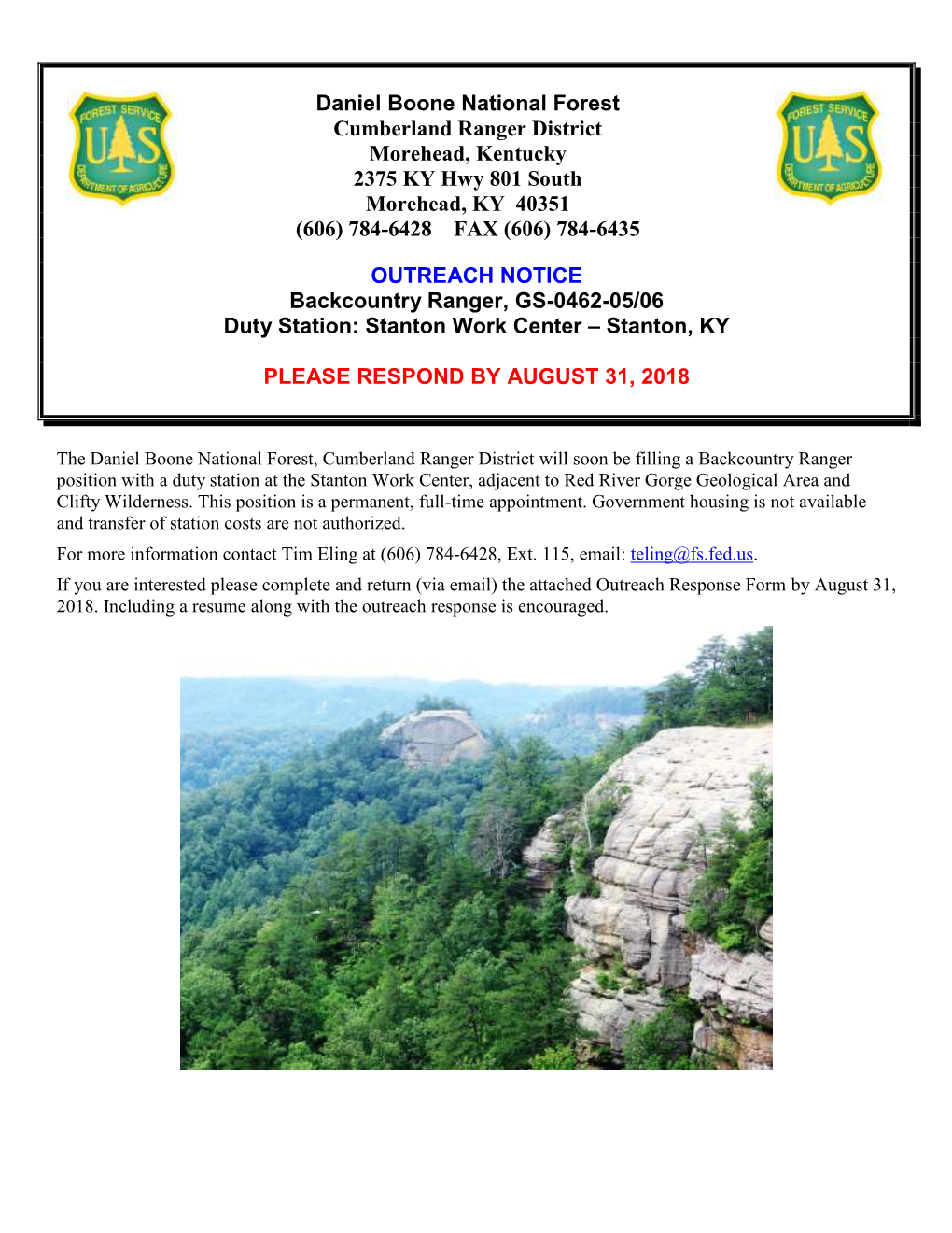 OUTREACH NOTICE Backcountry Ranger, GS-0462-05/06 Duty Station: Stanton Work Center – Stanton, KY