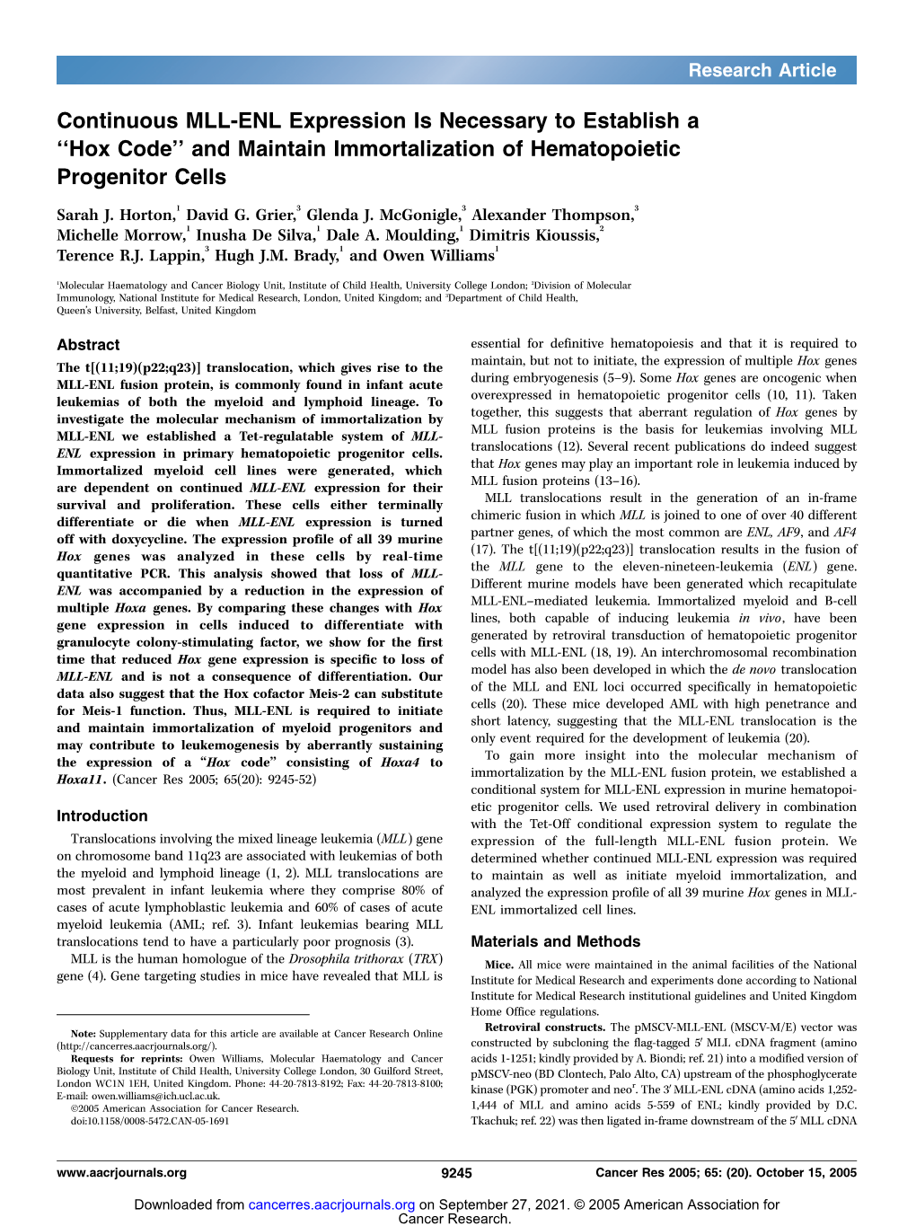 Continuous MLL-ENL Expression Is Necessary to Establish a ''Hox Code'' and Maintain Immortalization of Hematopoietic Progenitor Cells