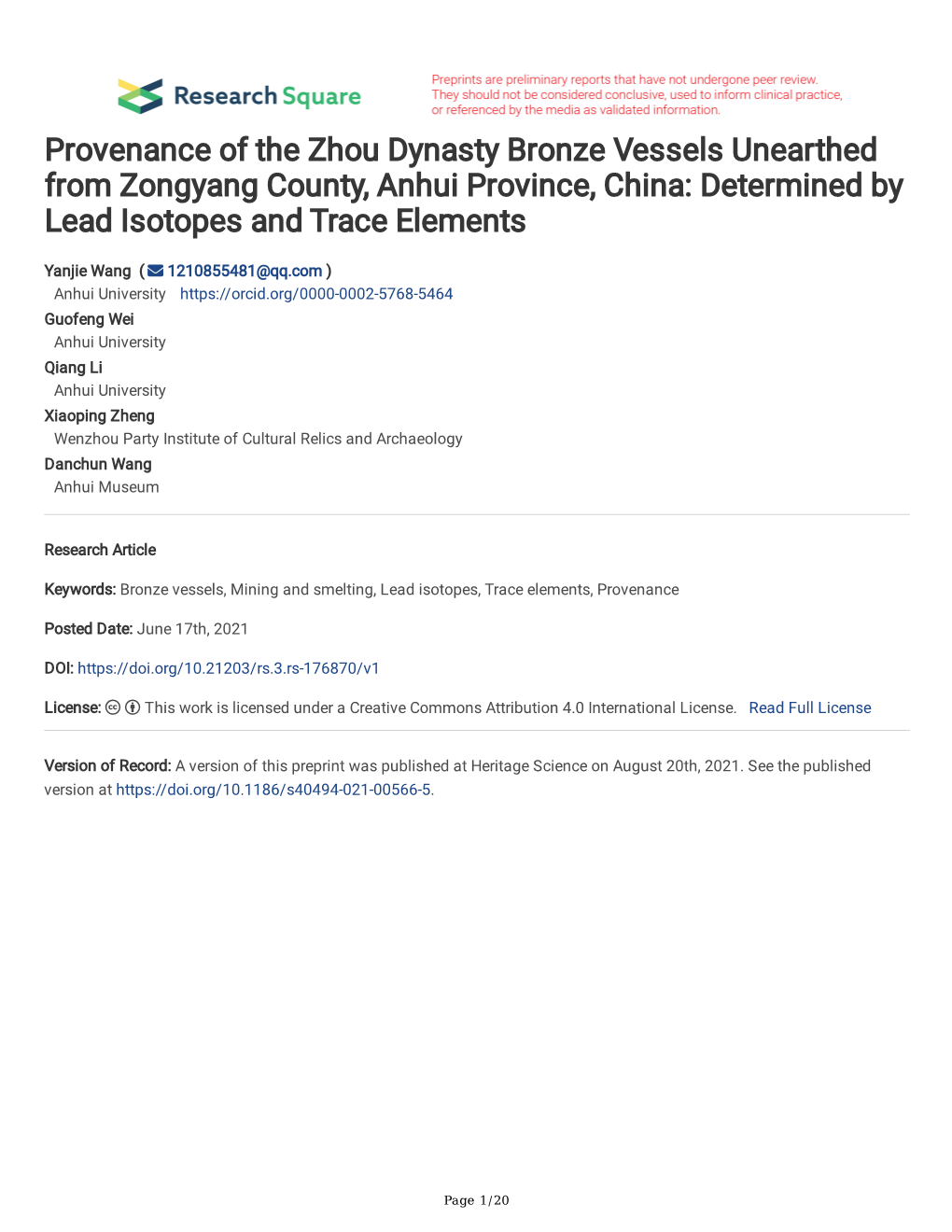 Provenance of the Zhou Dynasty Bronze Vessels Unearthed from Zongyang County, Anhui Province, China: Determined by Lead Isotopes and Trace Elements