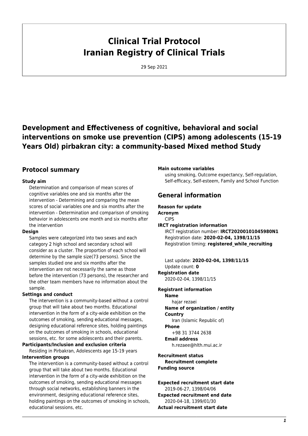 Clinical Trial Protocol Iranian Registry of Clinical Trials