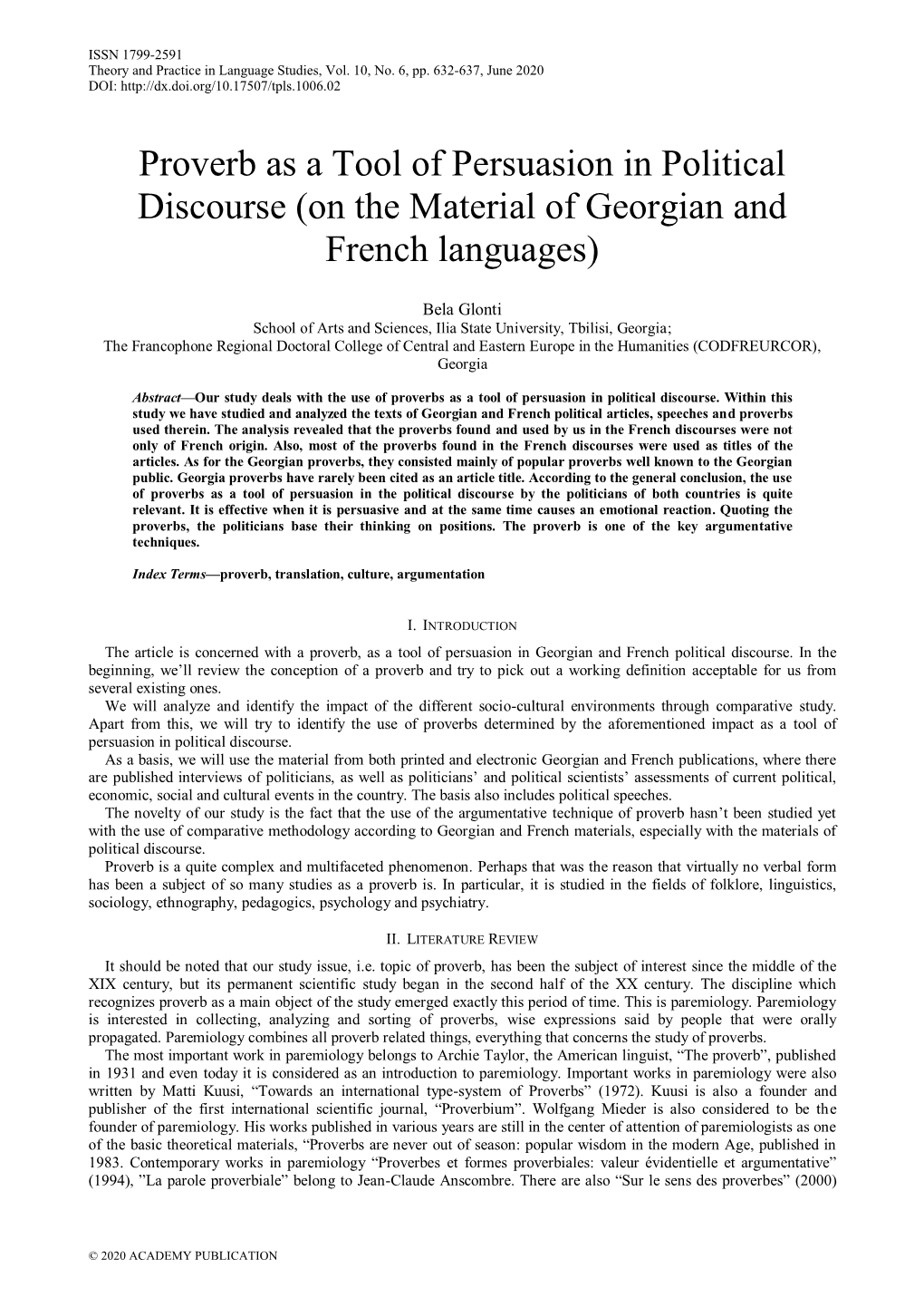 Proverb As a Tool of Persuasion in Political Discourse (On the Material of Georgian and French Languages)