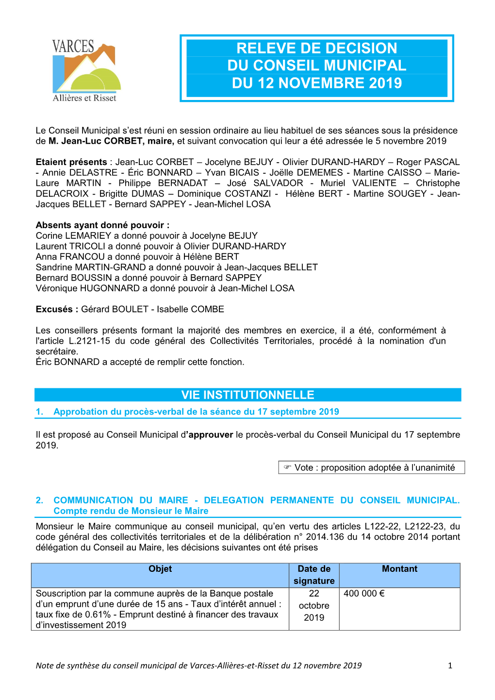 Releve De Decision Du Conseil Municipal Du 12 Novembre 2019