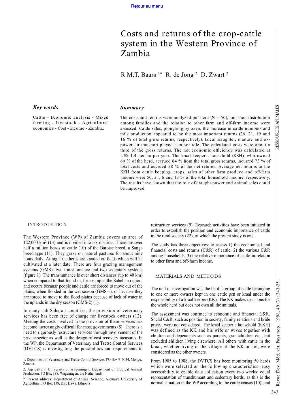 Costs and Returns of the Crop-Cattle System in the Western Province Of