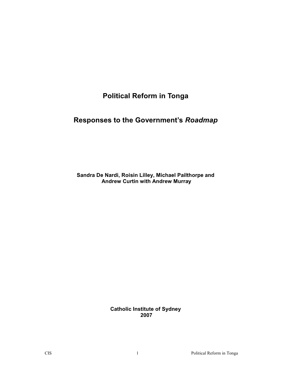 Political Reform in Tonga Responses to the Government's Roadmap