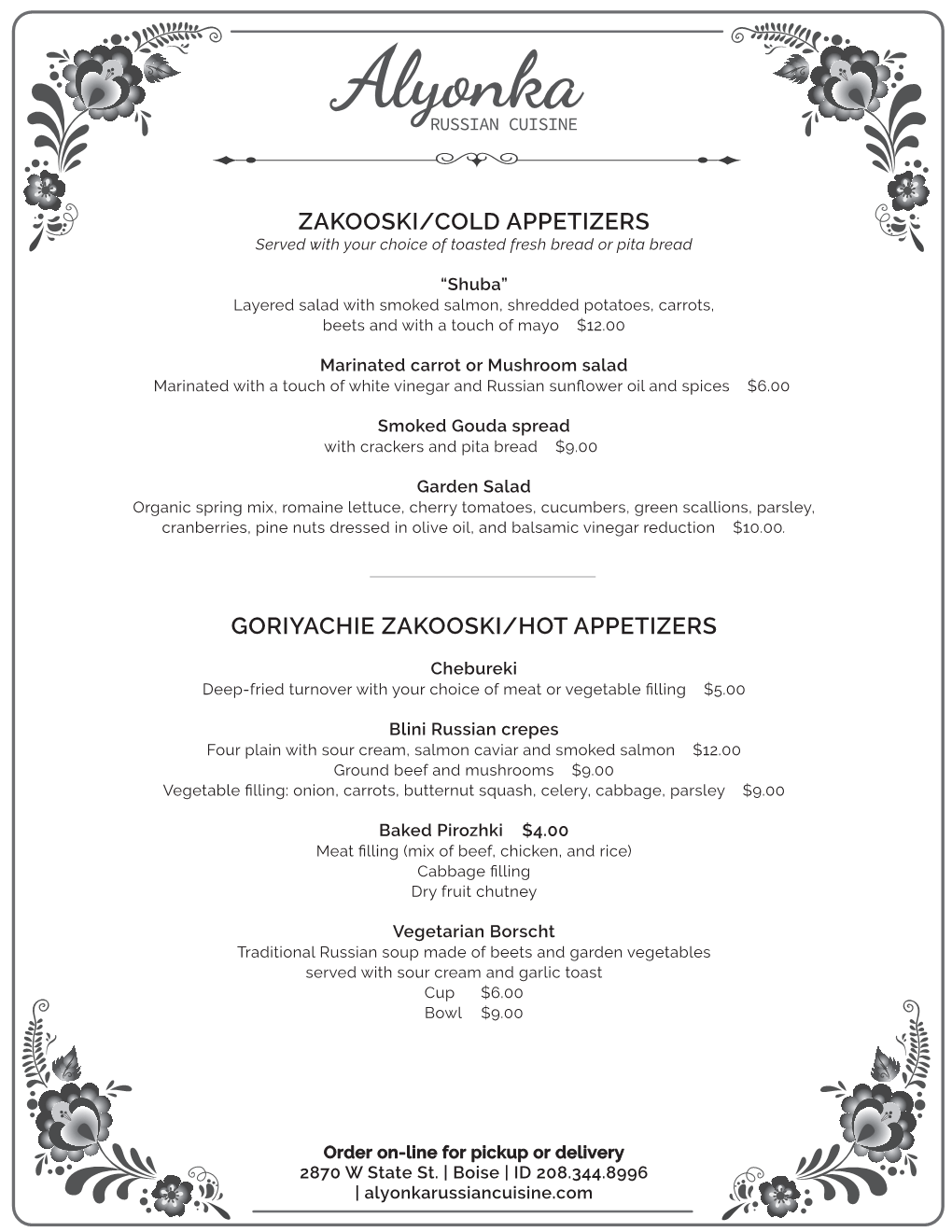 Alyonka Russian Cuisine Menu