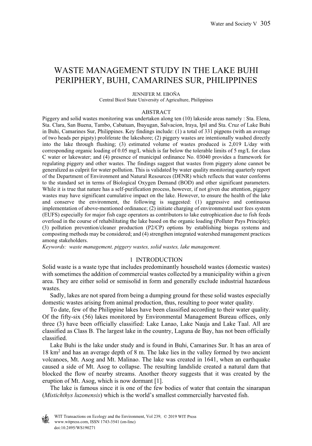 Waste Management Study in the Lake Buhi Periphery, Buhi, Camarines Sur, Philippines