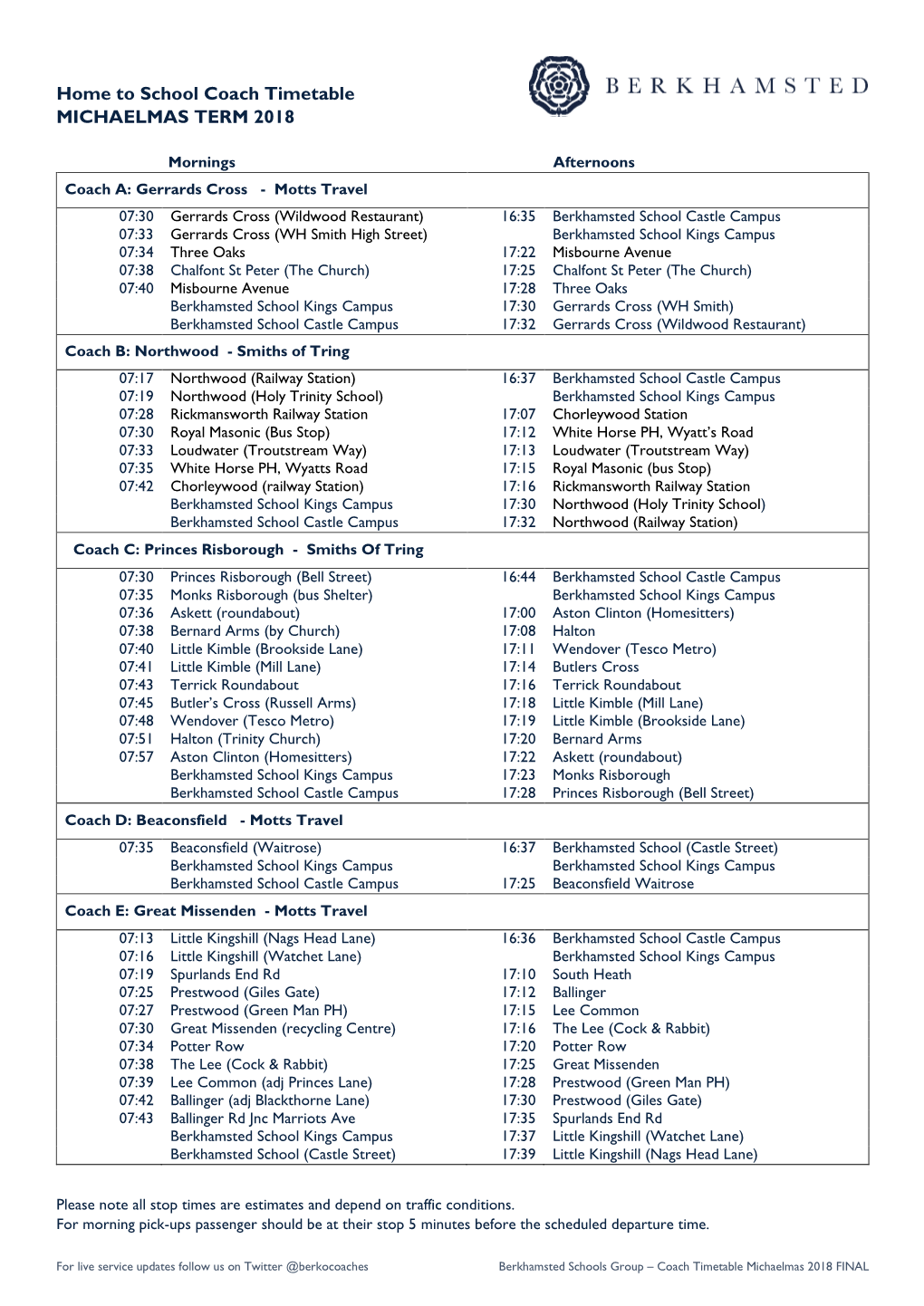 Home to School Coach Timetable MICHAELMAS TERM 2018