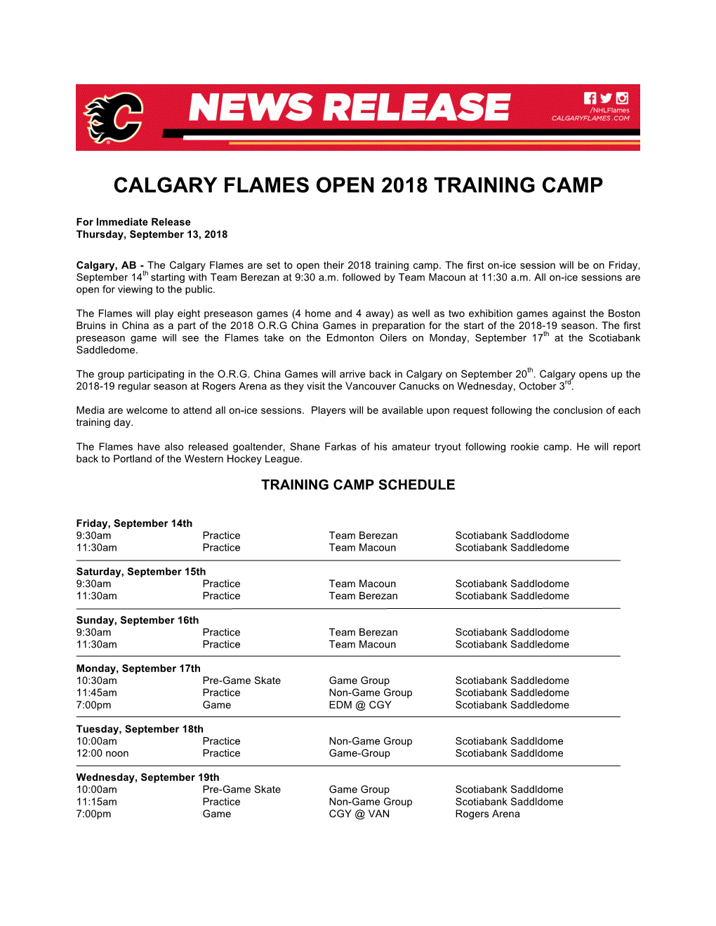 Calgary Flames Open 2018 Training Camp