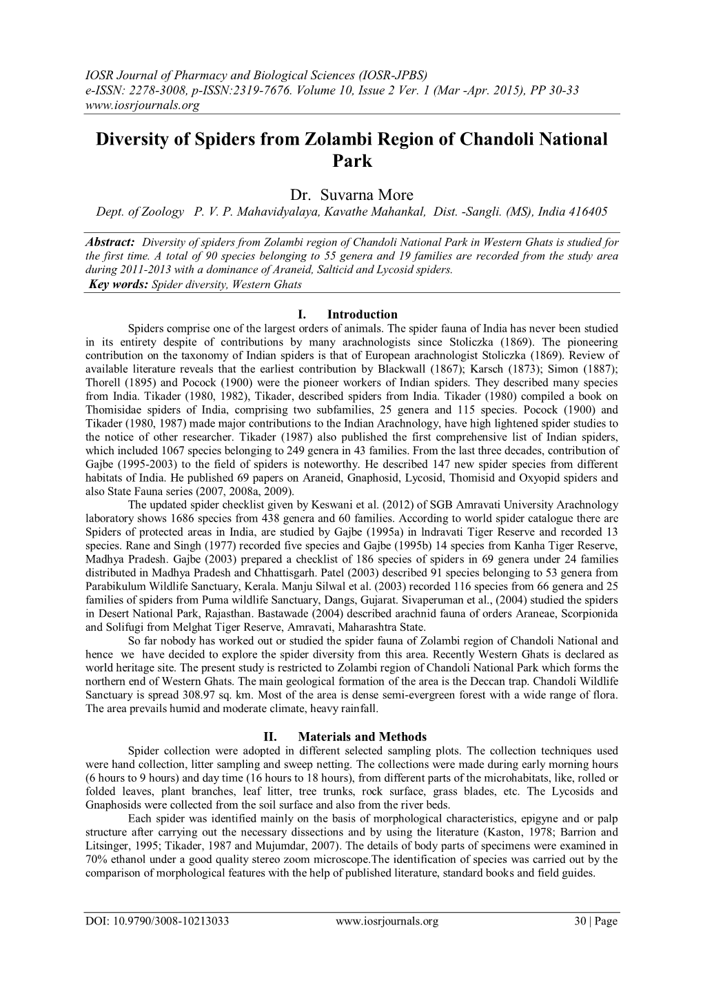 Diversity of Spiders from Zolambi Region of Chandoli National Park