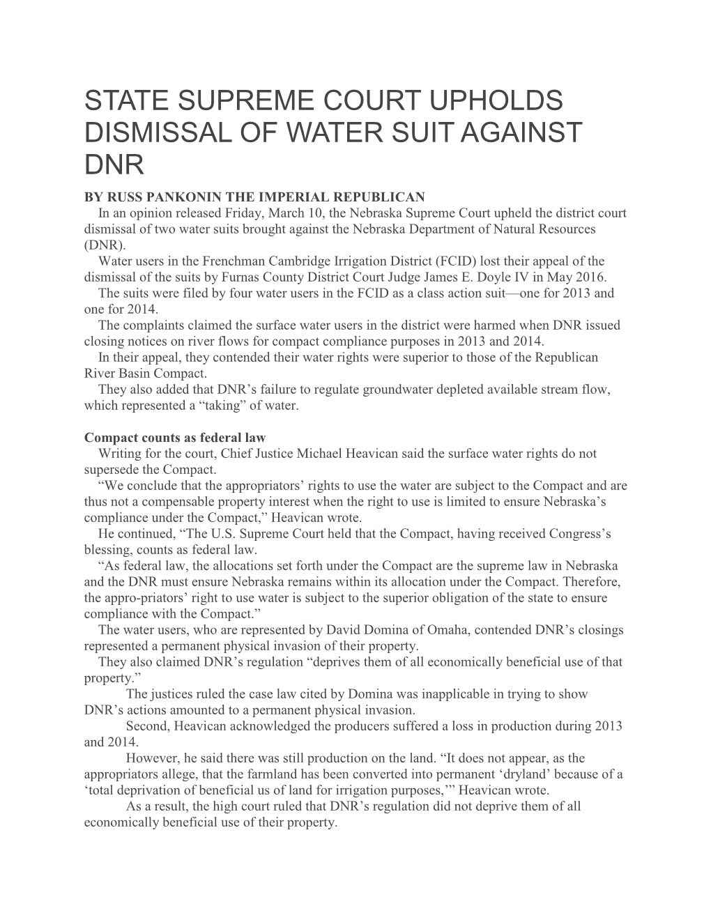 State Supreme Court Upholds Dismissal of Water Suit