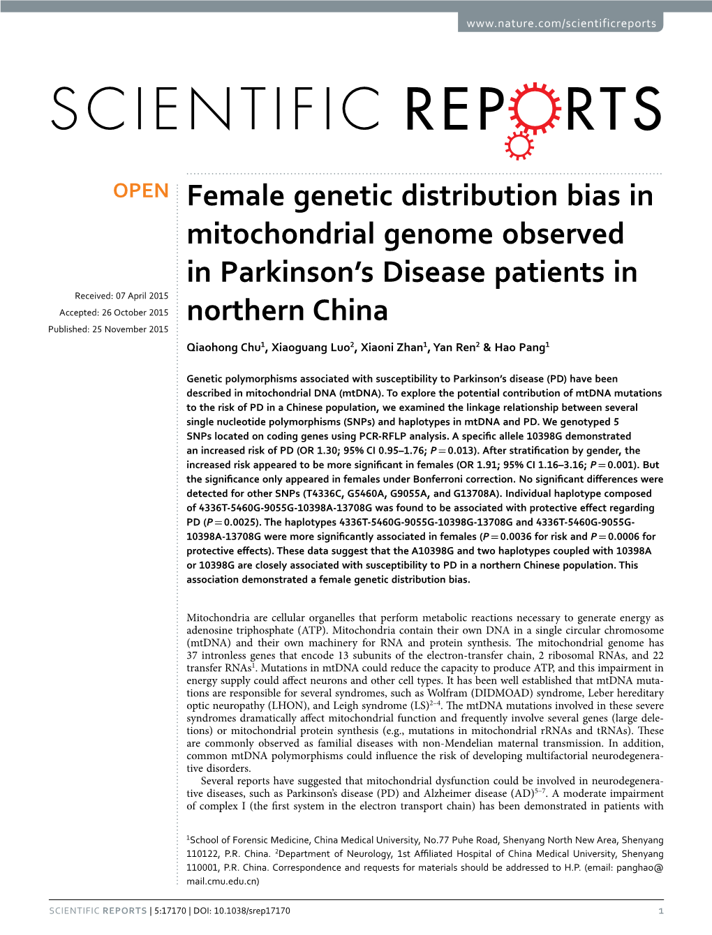 Female Genetic Distribution Bias in Mitochondrial Genome Observed In