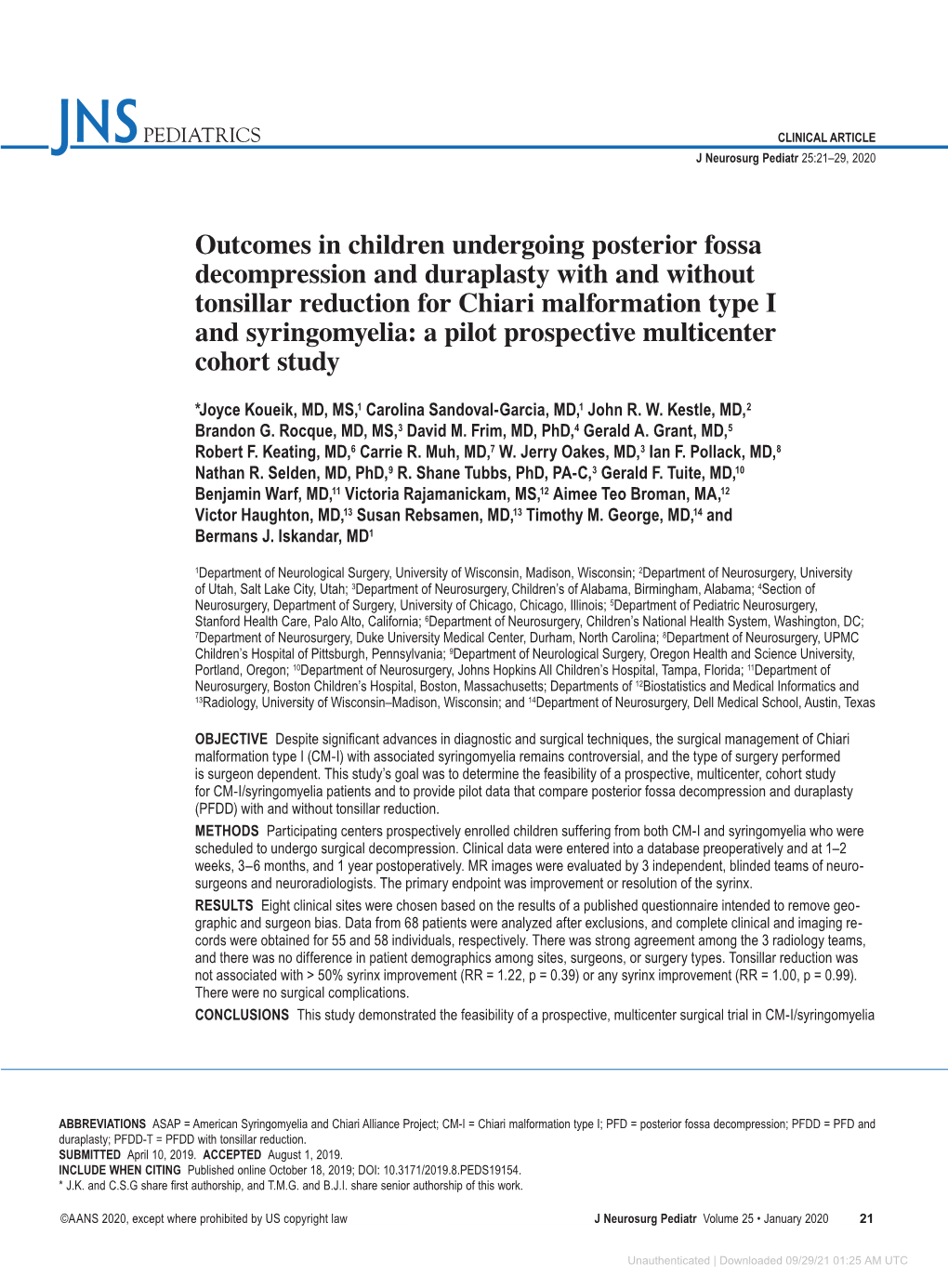 Outcomes in Children Undergoing Posterior Fossa Decompression And