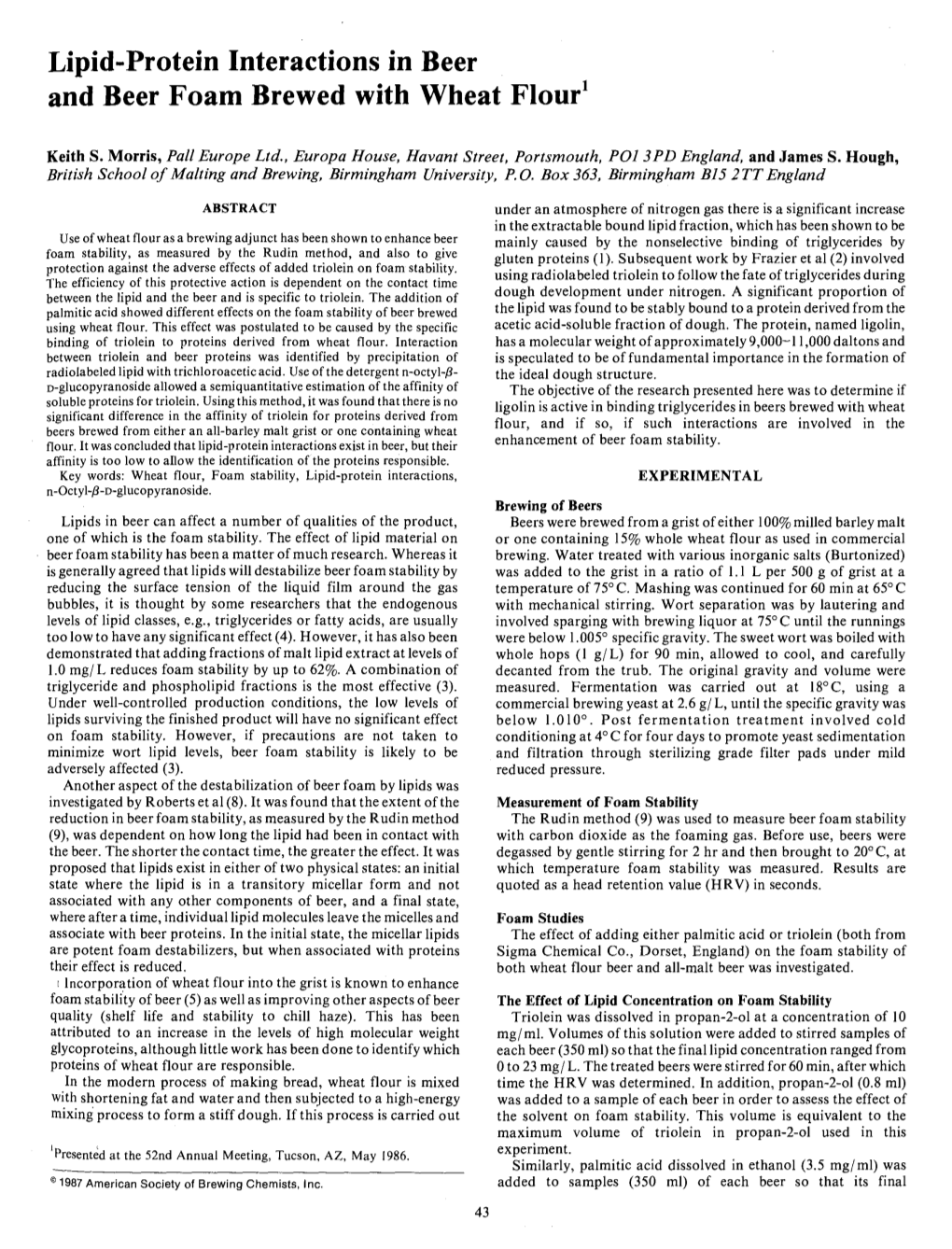 Lipid-Protein Interactions in Beer and Beer Foam Brewed with Wheat