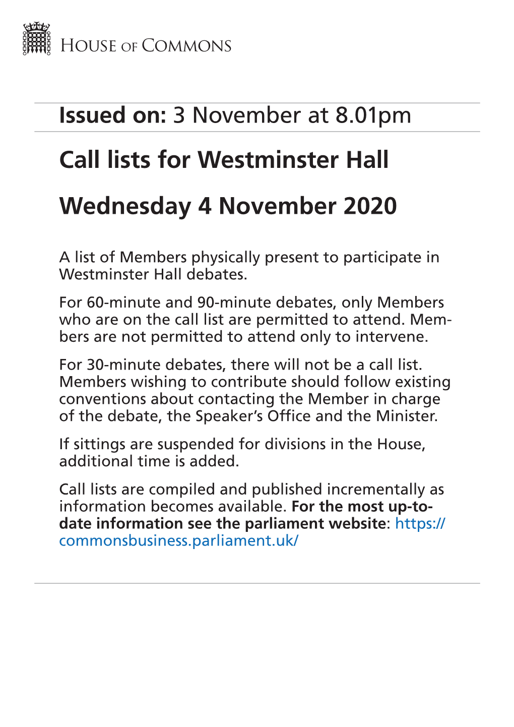 Westminster Hall Wednesday 4 November 2020