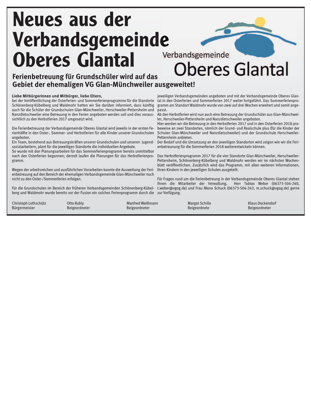 Neues Aus Der Verbandsgemeinde Oberes Glantal Ferienbetreuung Für Grundschüler Wird Auf Das Gebiet Der Ehemaligen VG Glan-Münchweiler Ausgeweitet!