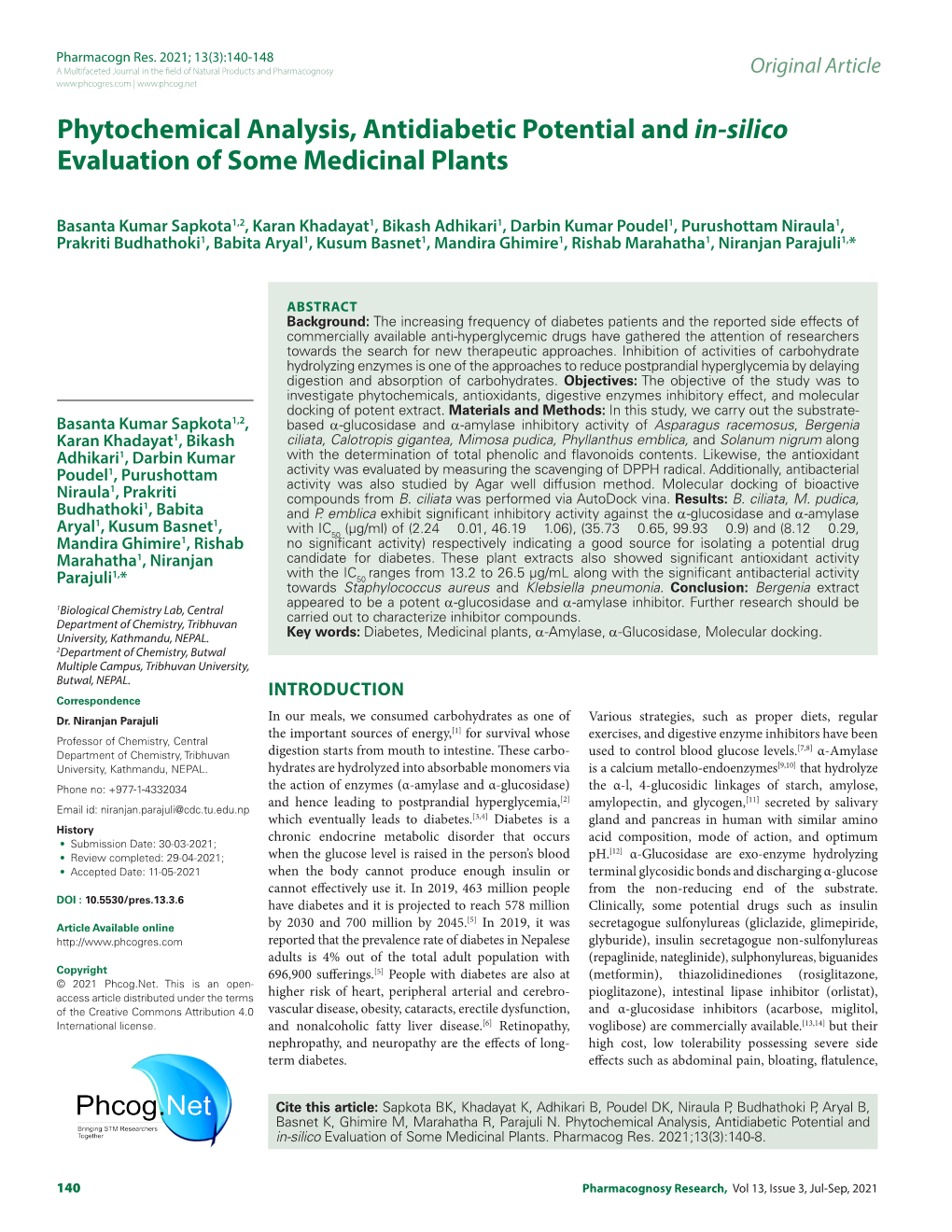 Phytochemical Analysis, Antidiabetic Potential and In-Silico Evaluation of Some Medicinal Plants