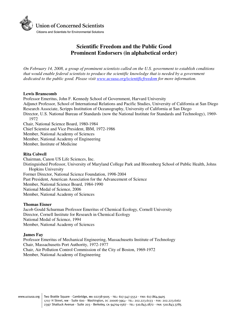 Scientific Freedom and the Public Good Prominent Endorsers (In Alphabetical Order)