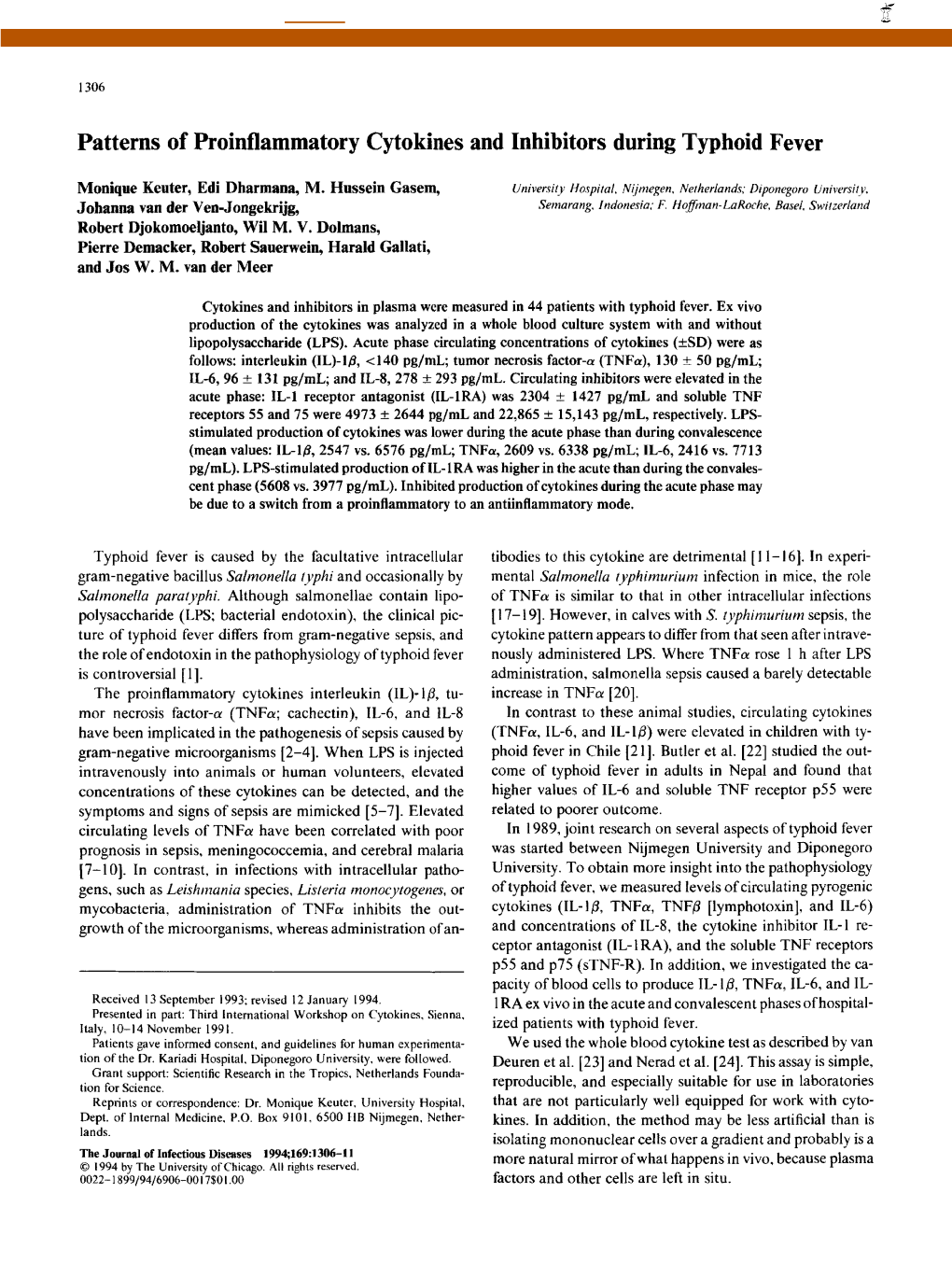 Patterns of Proinflammatory Cytokines and Inhibitors During Typhoid Fever