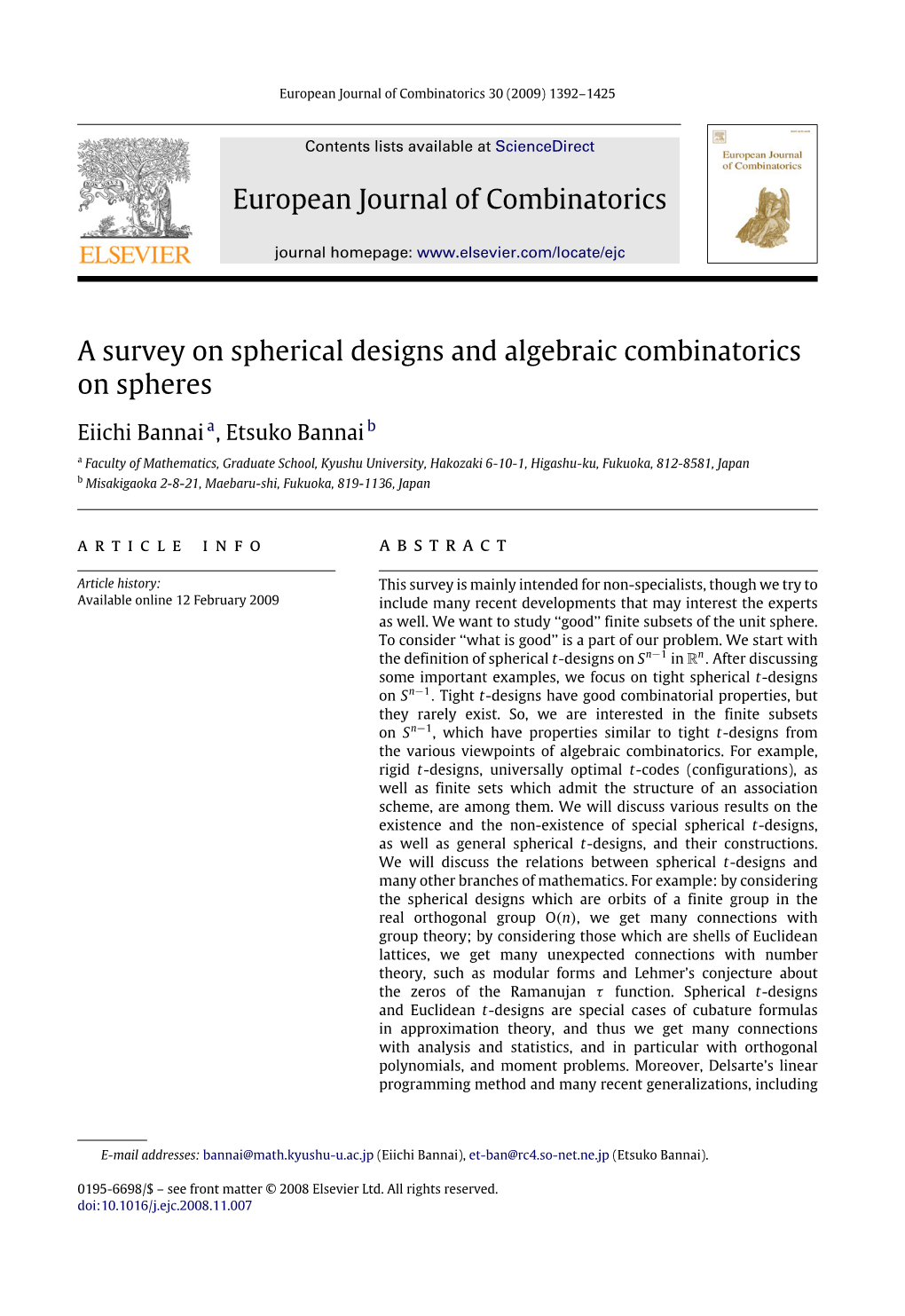 European Journal of Combinatorics a Survey on Spherical Designs And