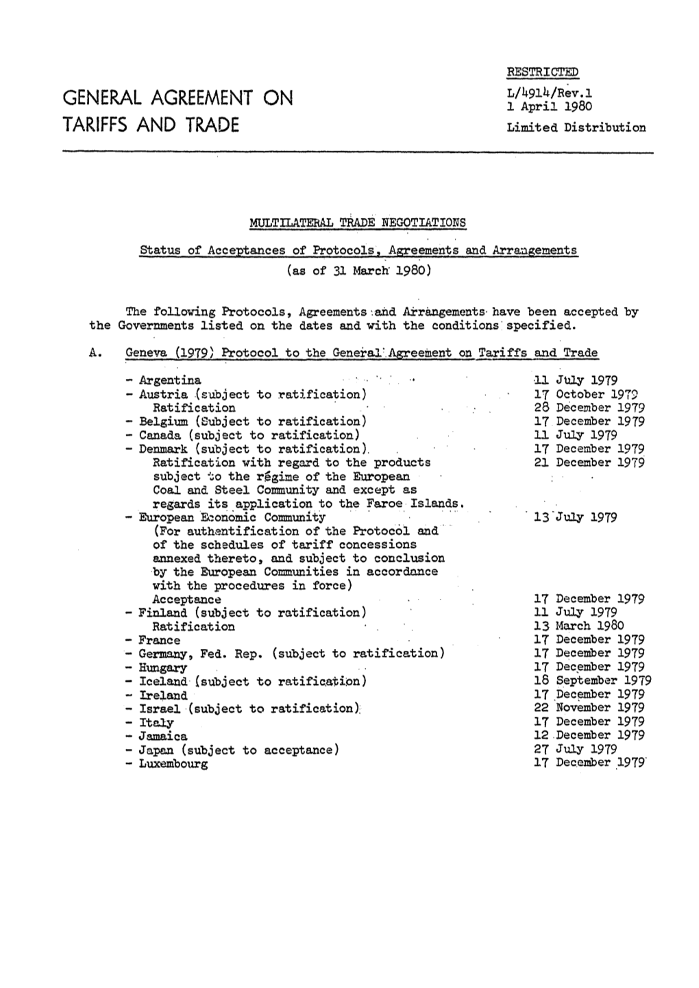 GENERAL AGREEMENT on 1 April 1980 TARIFFS and TRADE Limited Distribution