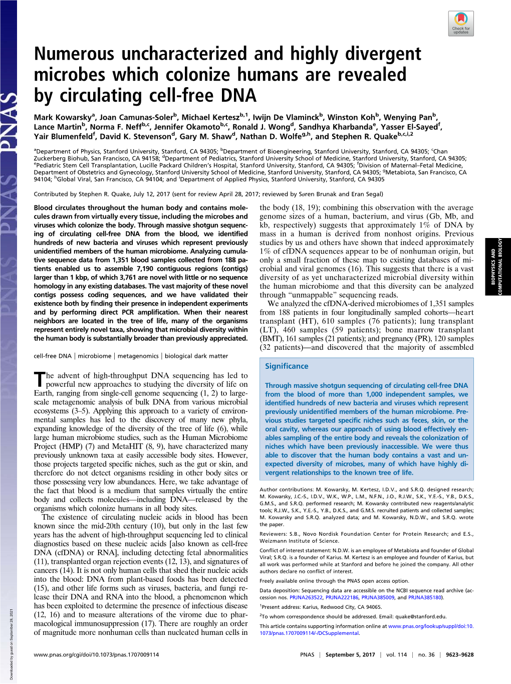 Numerous Uncharacterized and Highly Divergent Microbes Which Colonize Humans Are Revealed by Circulating Cell-Free DNA