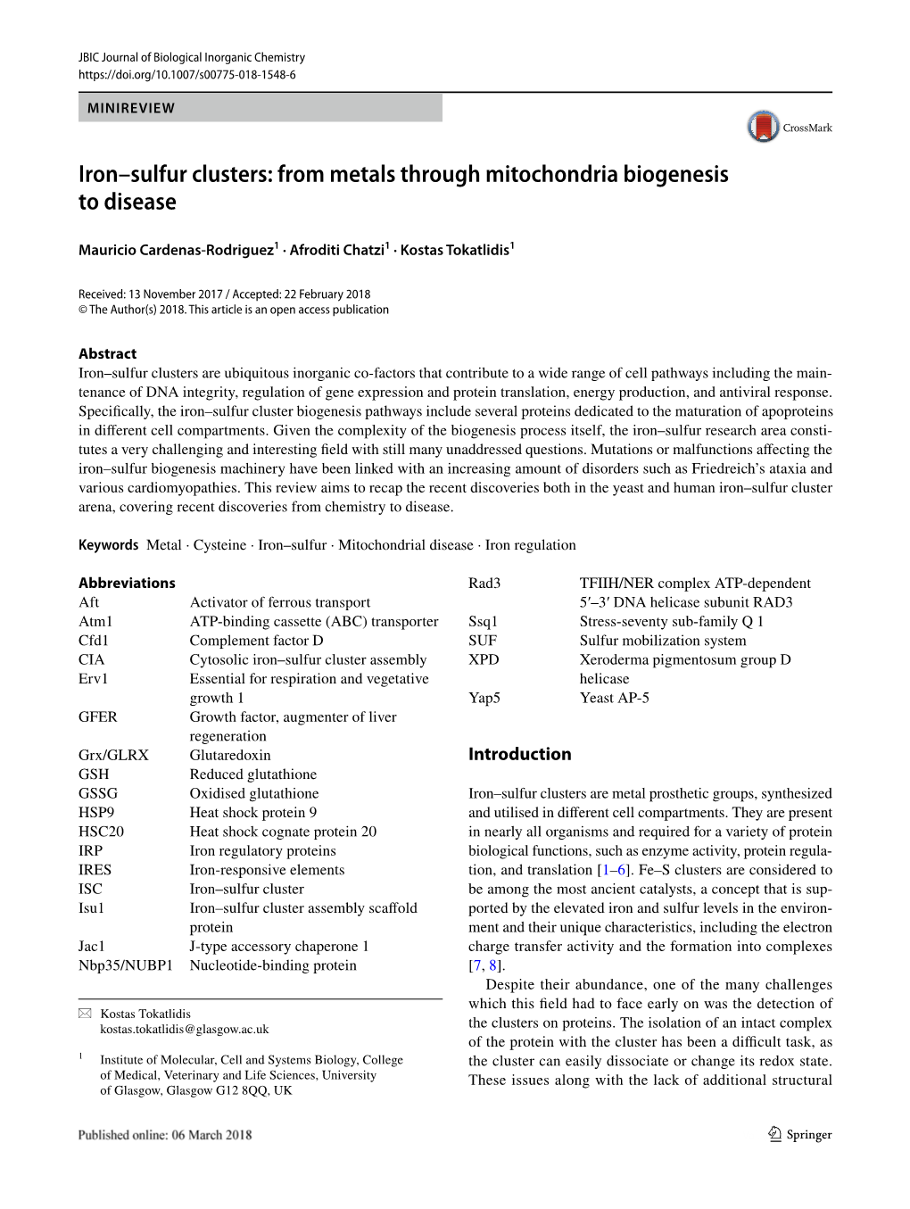 Iron–Sulfur Clusters: from Metals Through Mitochondria Biogenesis to Disease