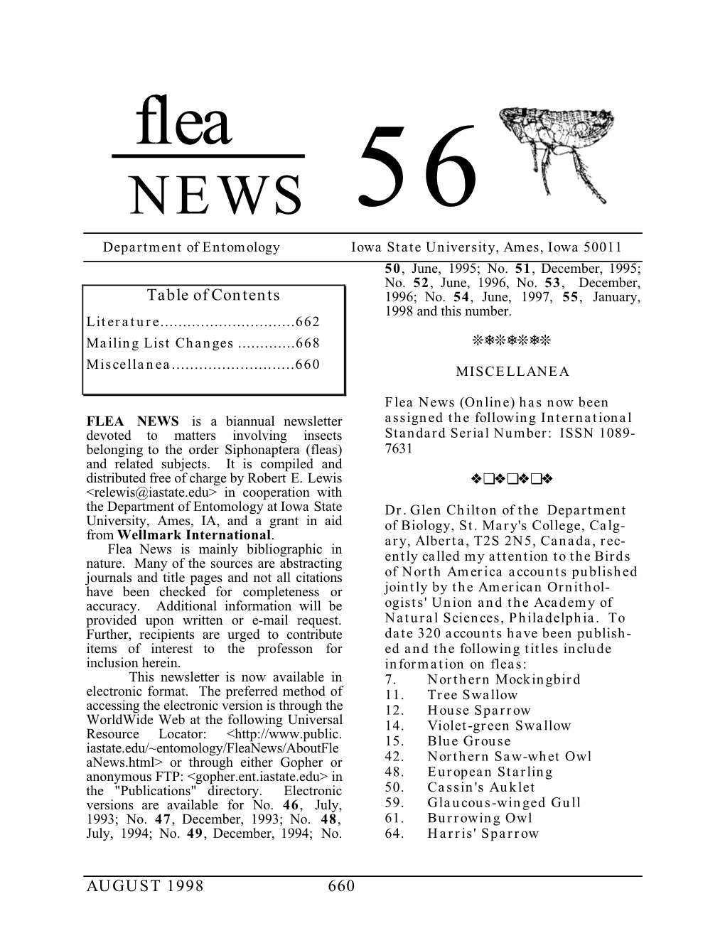 Flea NEWS 56 Department of Entomology Iowa State University, Ames, Iowa 50011 50, June, 1995; No