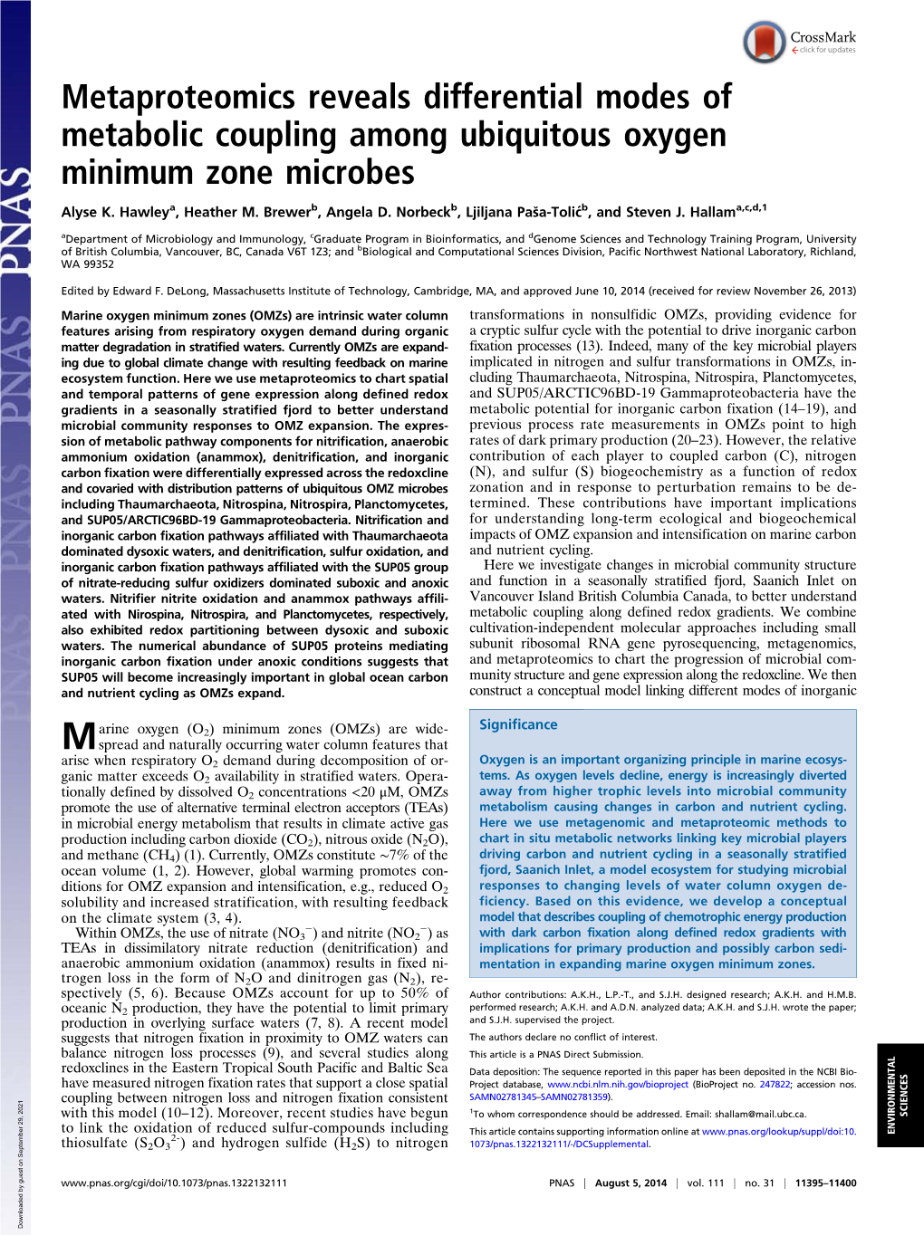 Metaproteomics Reveals Differential Modes of Metabolic Coupling Among Ubiquitous Oxygen Minimum Zone Microbes