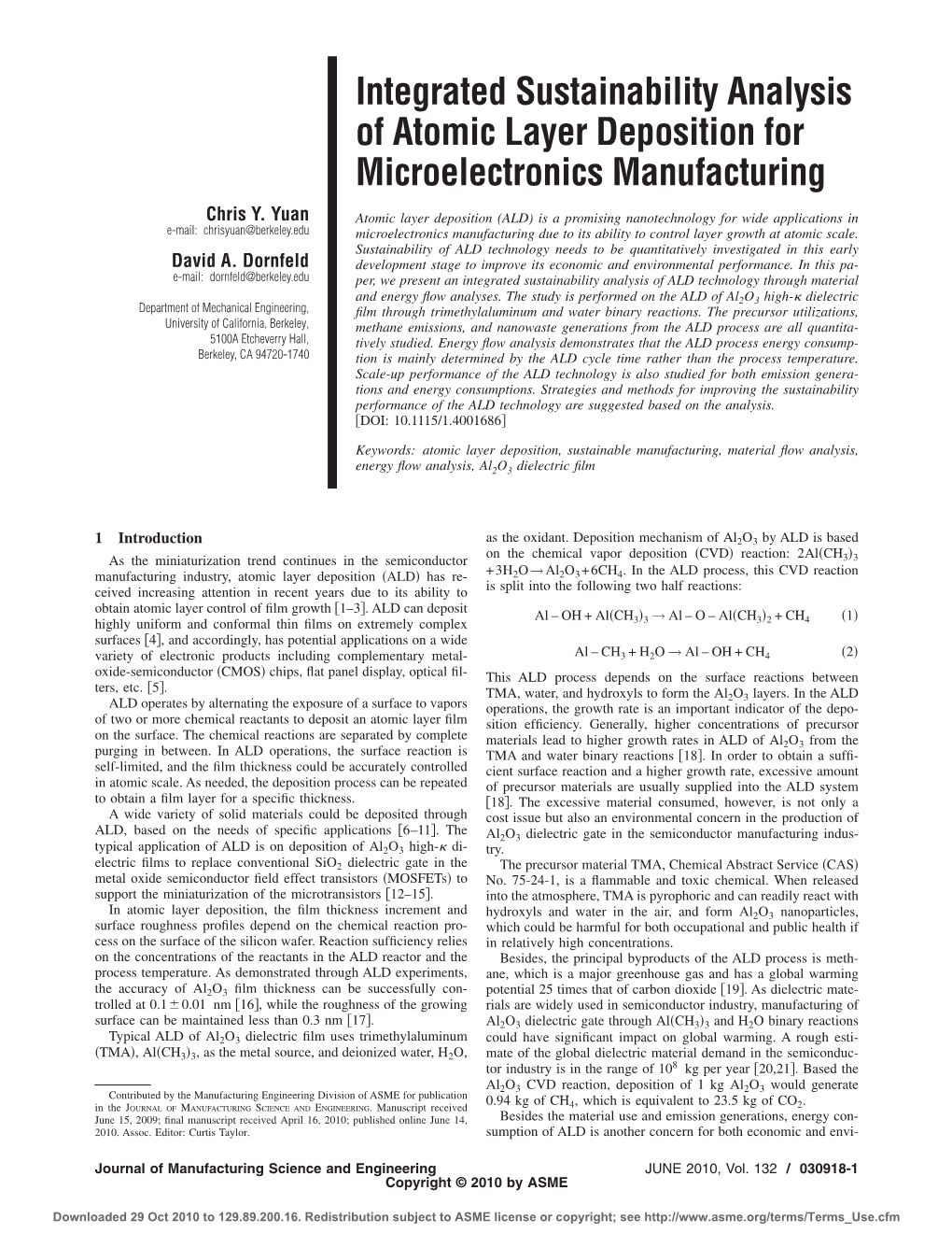 Integrated Sustainability Analysis of Atomic Layer Deposition for Microelectronics Manufacturing