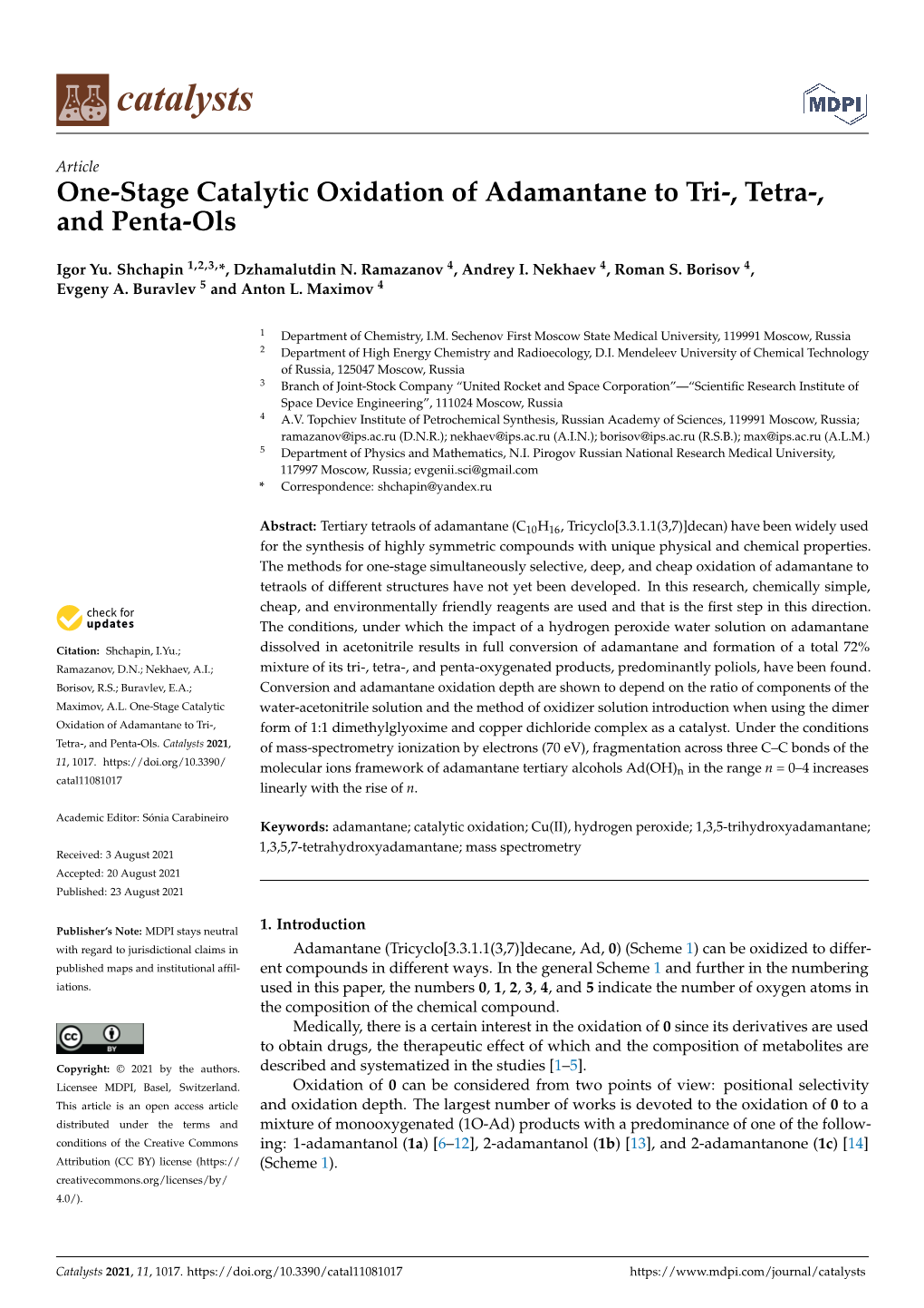 One-Stage Catalytic Oxidation of Adamantane to Tri-, Tetra-, and Penta-Ols