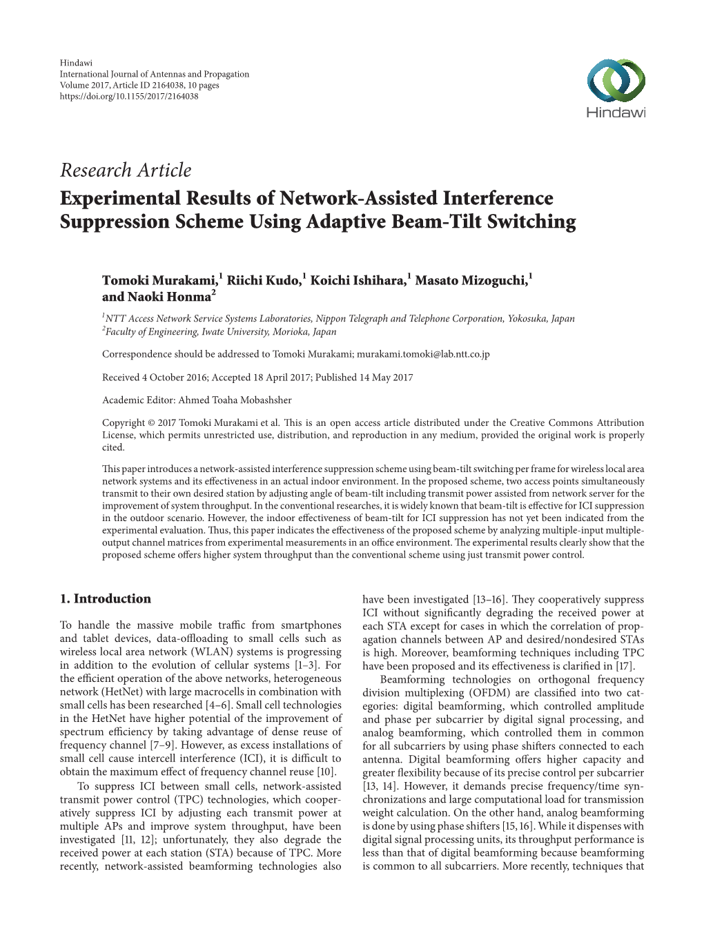 Experimental Results of Network-Assisted Interference Suppression Scheme Using Adaptive Beam-Tilt Switching