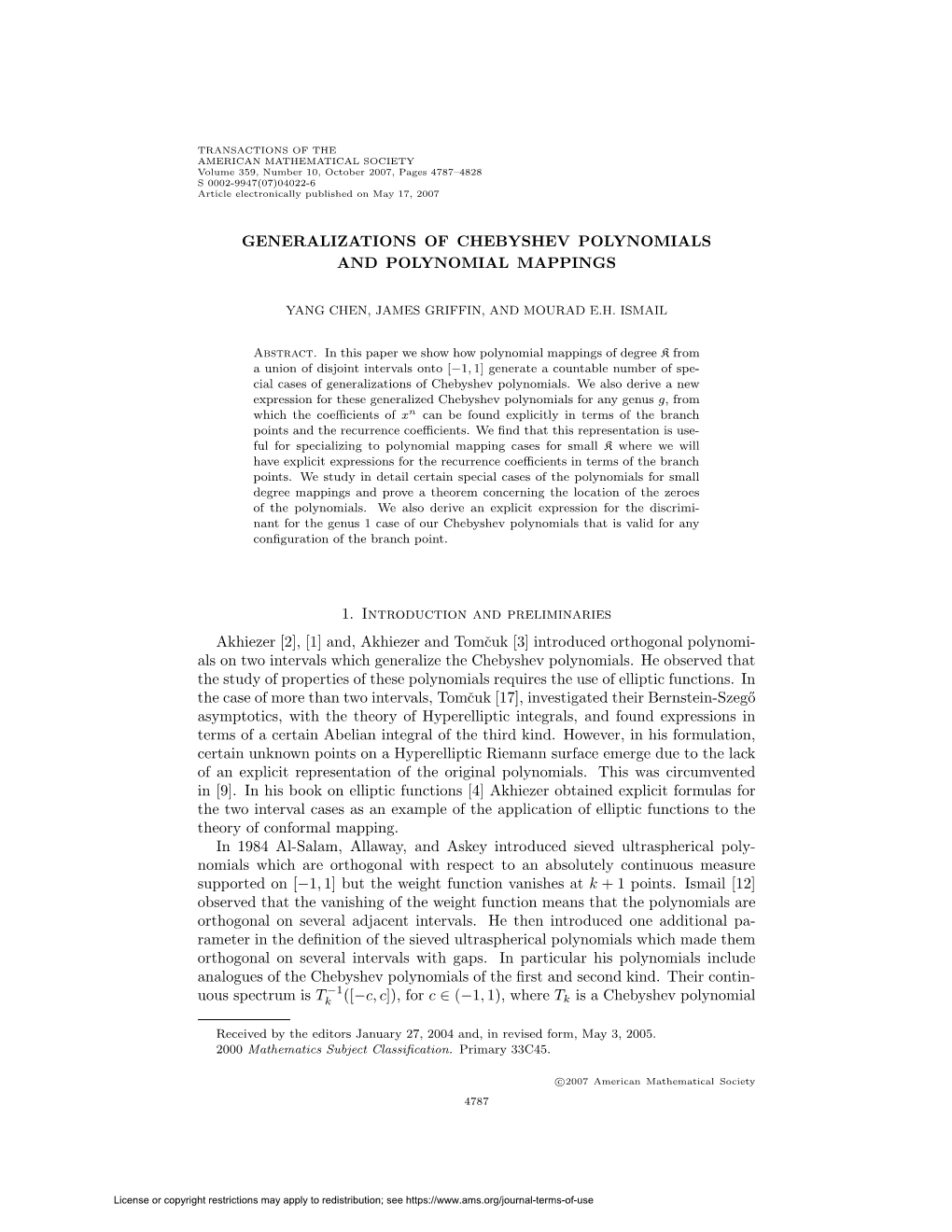 Generalizations of Chebyshev Polynomials and Polynomial Mappings