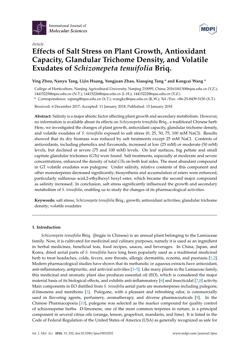 Effects of Salt Stress on Plant Growth, Antioxidant Capacity, Glandular Trichome Density, and Volatile Exudates of Schizonepeta Tenuifolia Briq