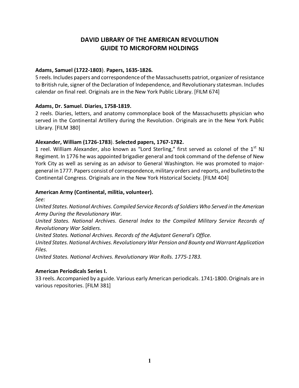 David Library of the American Revolution Guide to Microform Holdings