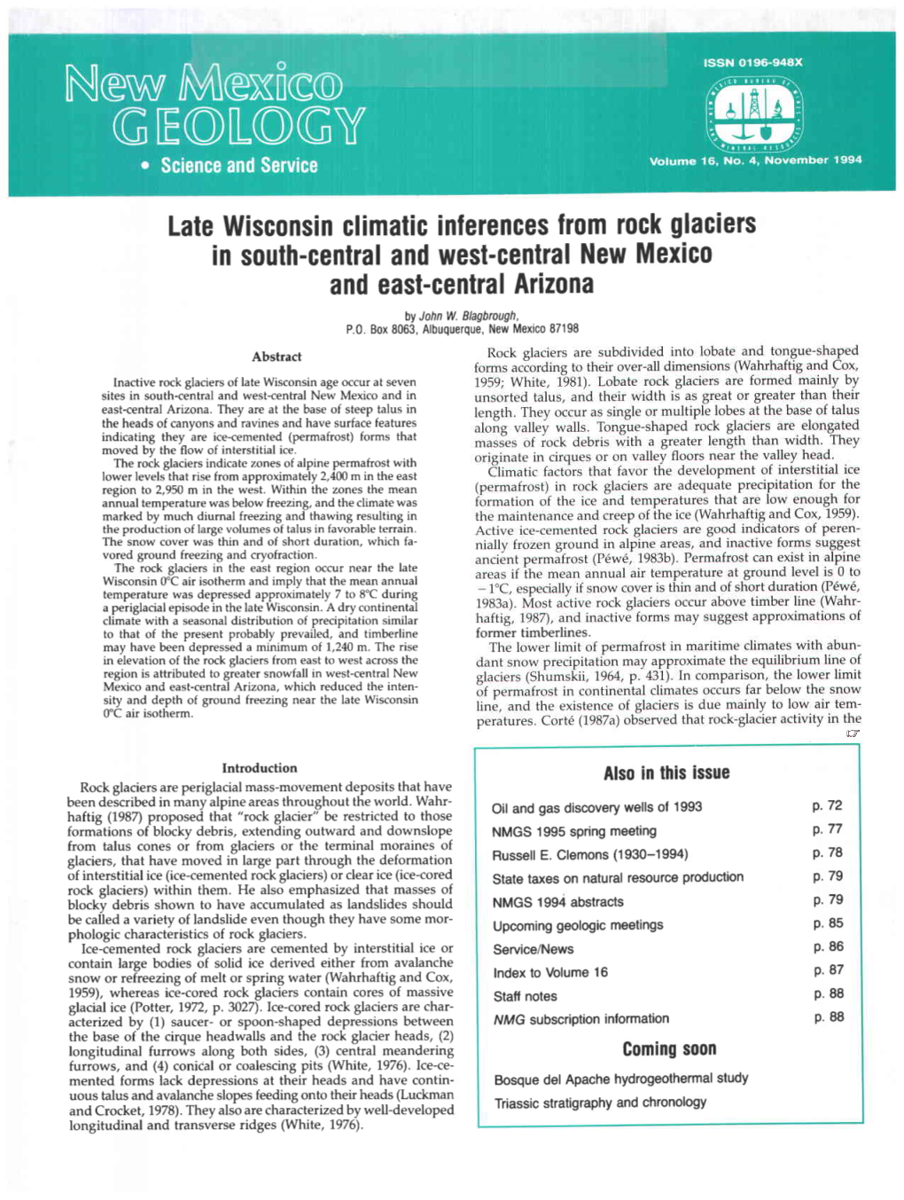 Late Wisconsin Climate Inferences from Rock Glaciers in South-Central