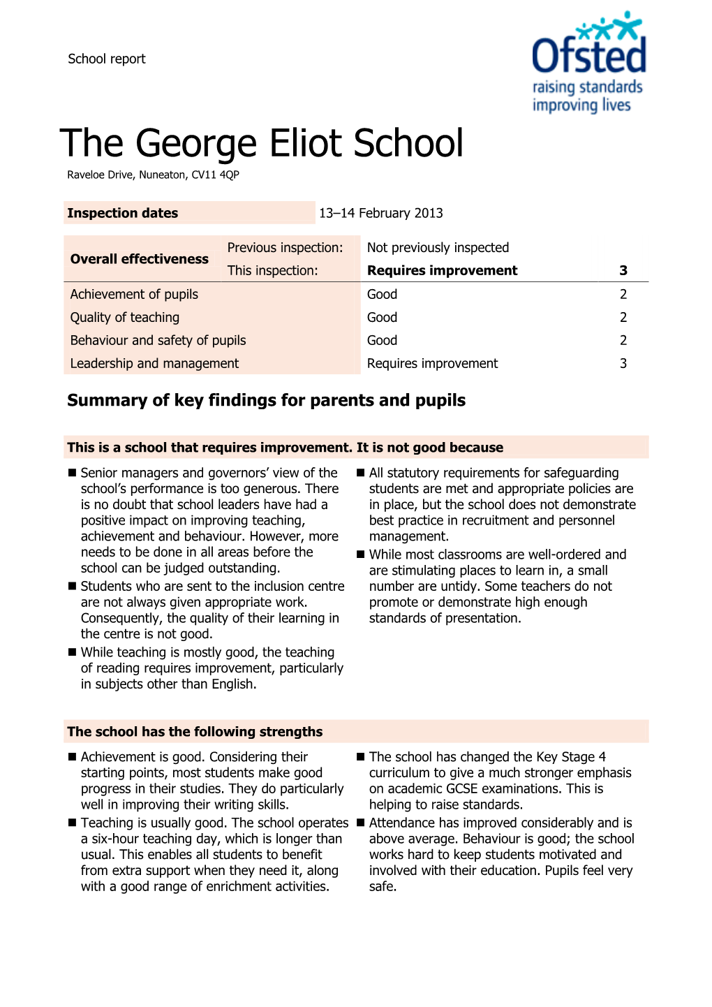 The George Eliot School Raveloe Drive, Nuneaton, CV11 4QP